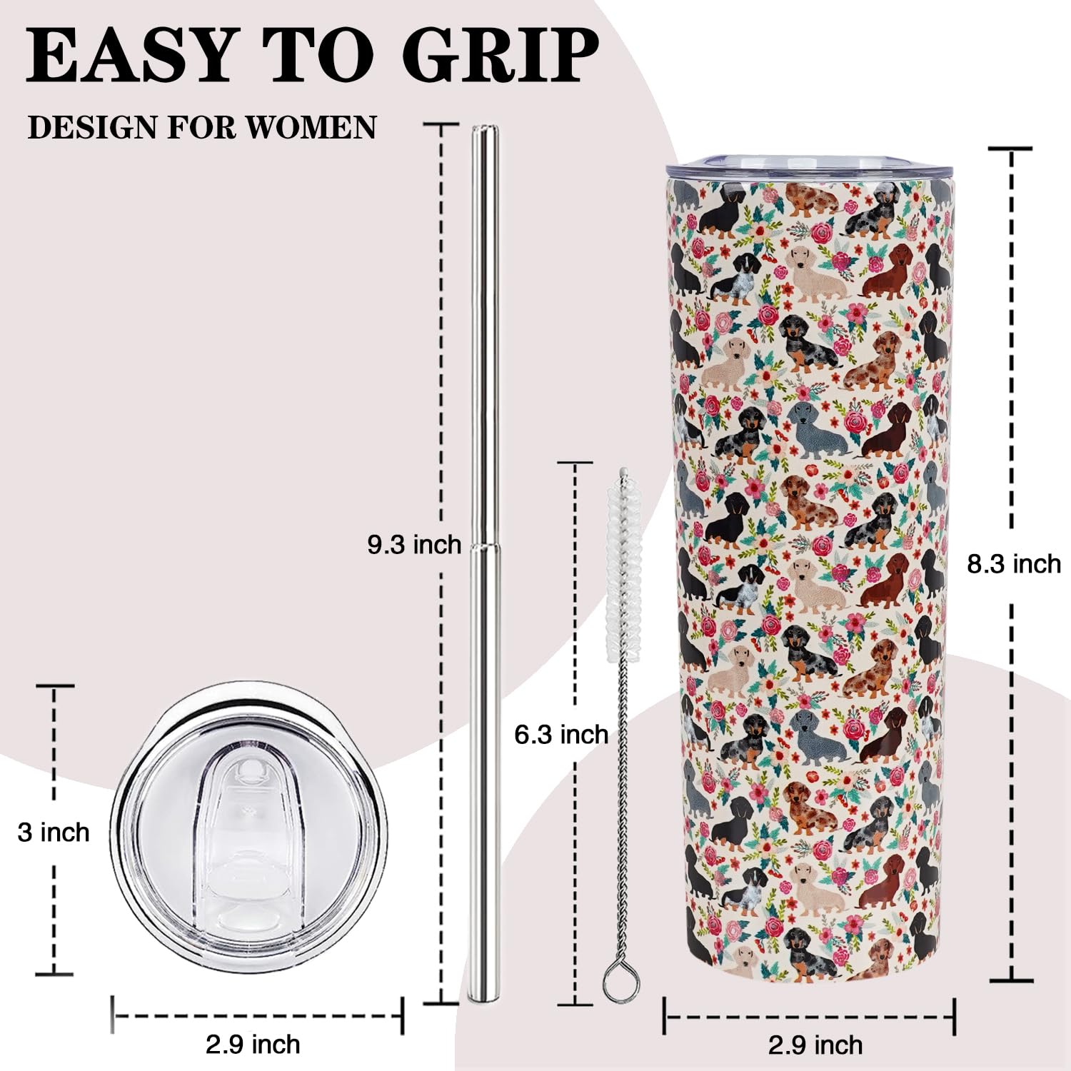 Baiheyi Dachshund Gifts - Dachshund Gifts For Women - Dachshund Insulated Tumblers With Straw And Lid 20 Oz - Dachshund For Dog