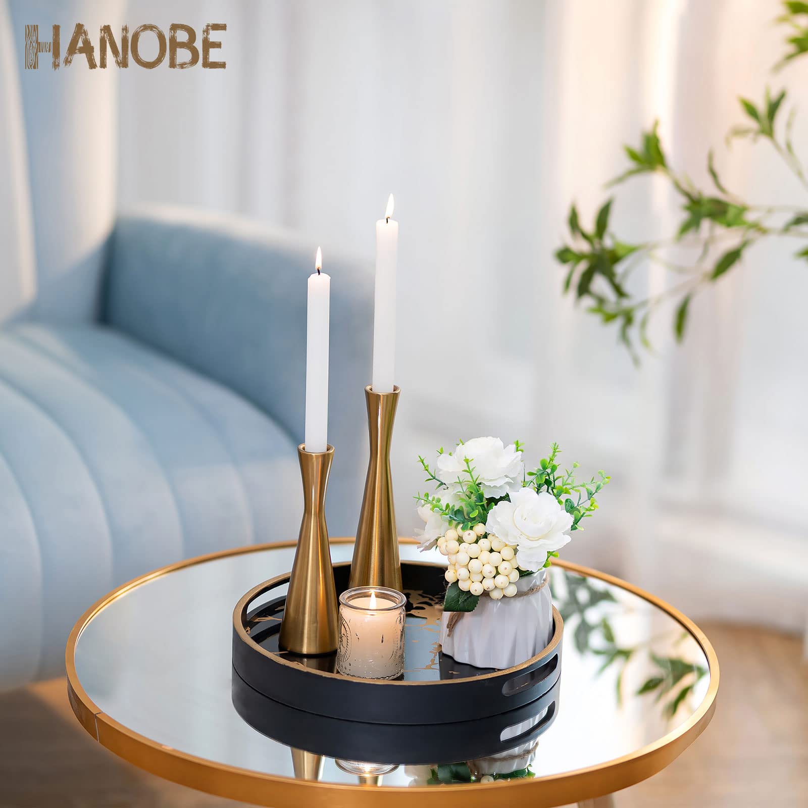 Hanobe Round Decorative Coffee Tray: Marble Pattern Serving Circle Tray With Handles Coffee Table Trays For Living Room Bar Drin