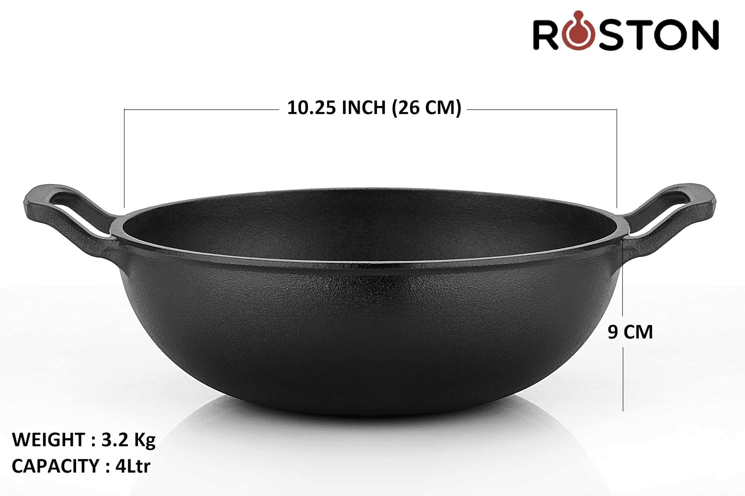 ROSTON Cast Iron Kadai Pre Seasoned Kadhai Wok 26 cm Cast Iron Cookware Deep Kadai, Iron Deep Kadai, Black