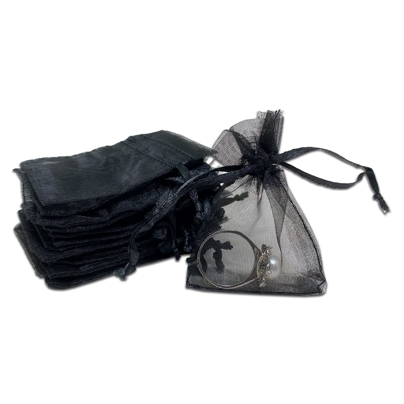 Thedisplayguys 100-Pack Xs 2X2 3/4'' Black Sheer Organza Gift Bags With Drawstring, Jewelry Candy Treat Wedding Party Favors Mes