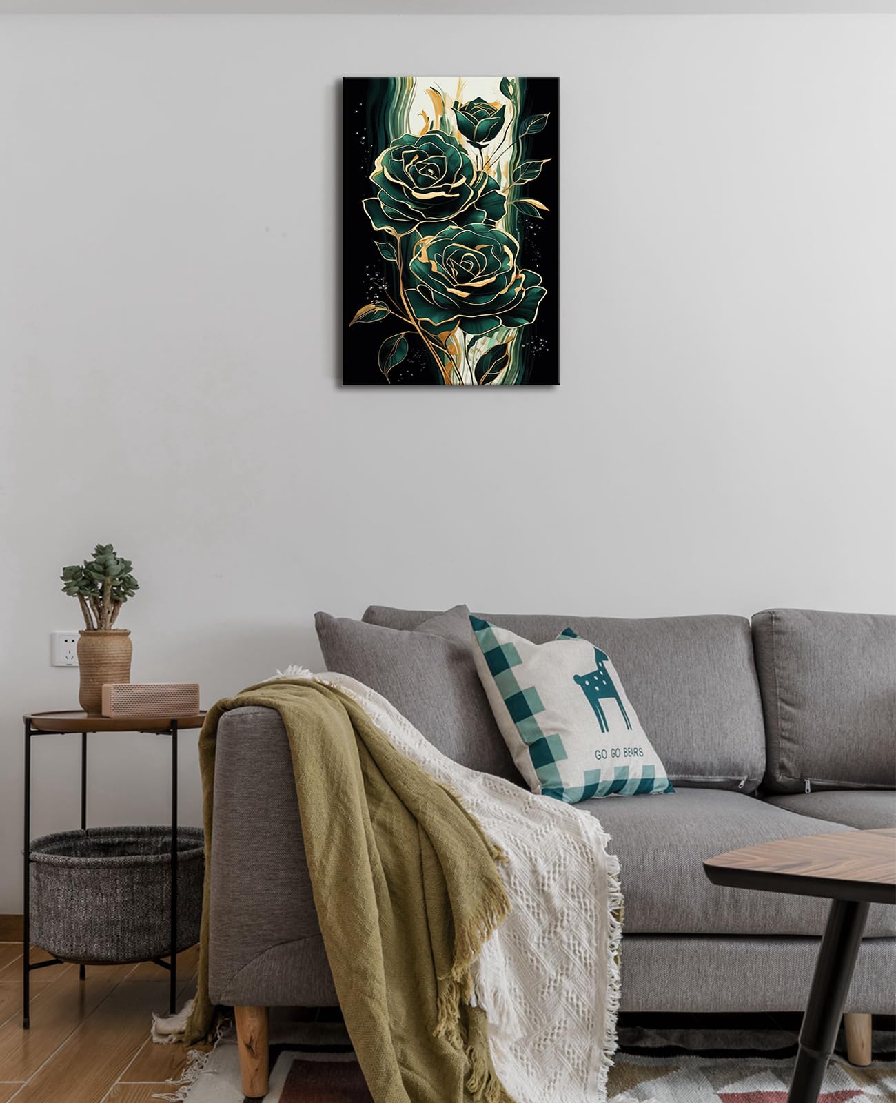 Emerald Green Flower Wall Art Gold Emerald Rose Wall Decor Modern Floral Canvas Print Painting Picture Artwork For Bedroom Bathr