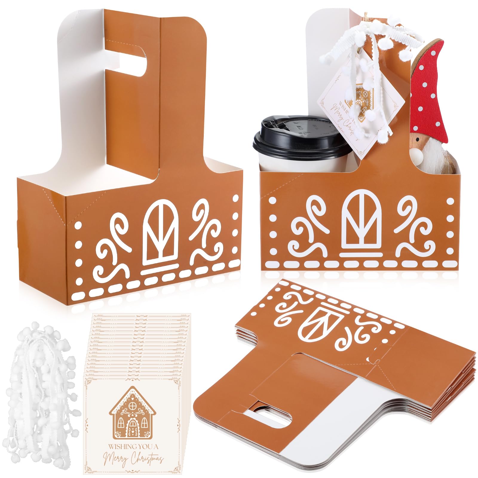 Marspark 12 Set Christmas Drink Carrier with Handle 2 Cup Gingerbread House Drink Carrier Gingerbread Gift Bags with Greeting Ca