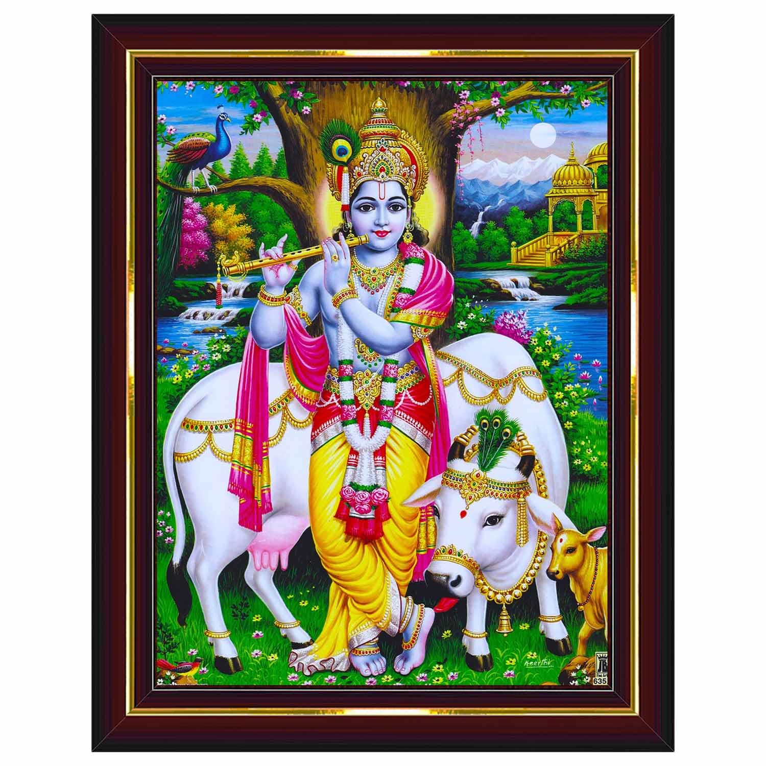 Pavan Photo Laminations Lord Gopala Krishna Murali Gopal Cow Calf Wall Painting Framed Home Decor (Wood,Matte,Brown,Small Size,6