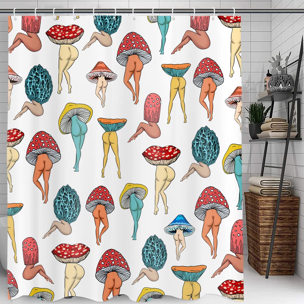 Funny Mushroom Butt Shower Curtain, Fun Cute Sexy Butt 70S 80S Fabric Shower Curtains For Bathroom Hippie Psychedelic Aesthetic