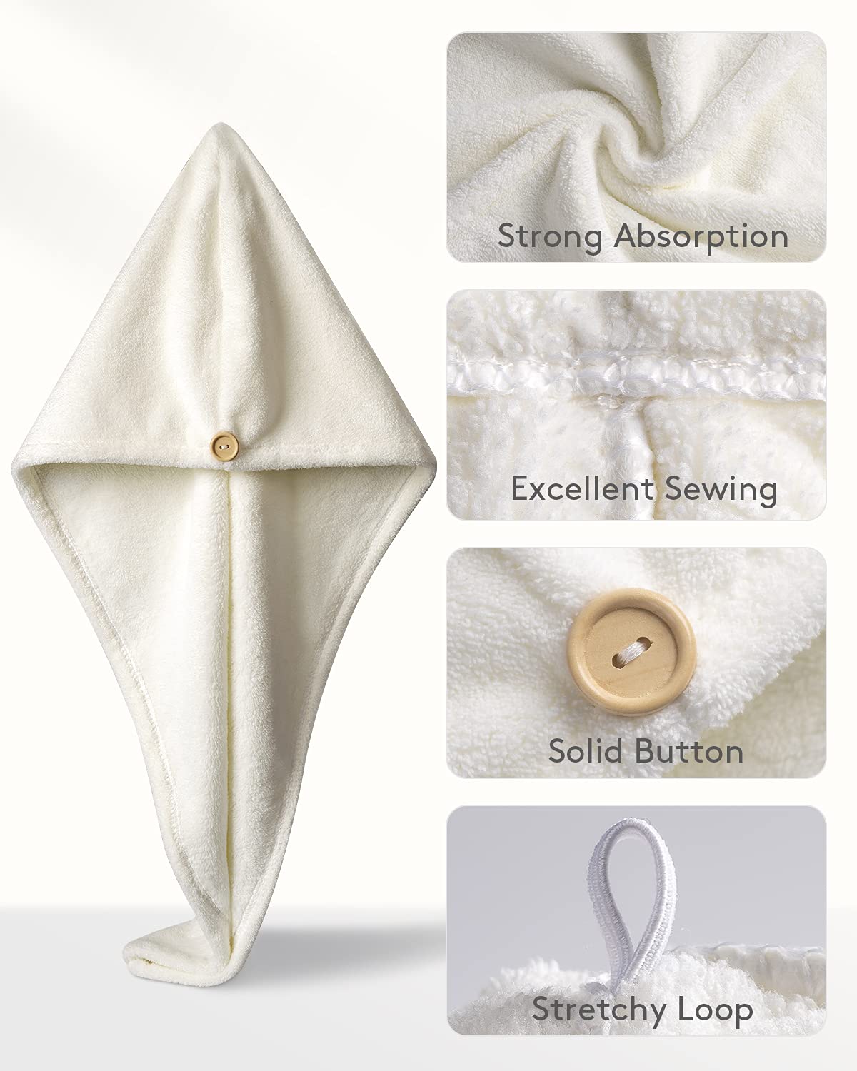 YFONG Microfiber Hair Towel 3 Pack, Hair Towel with Button, Super Absorbent Hair Towel Wrap for Curly Hair, Fast Drying Hair Tur