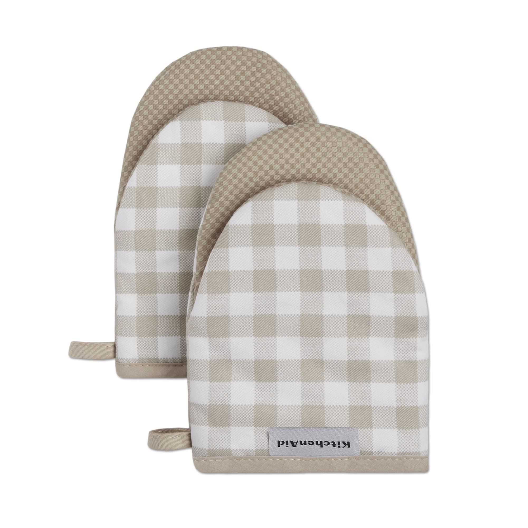 KitchenAid Gingham Mini Oven Mitt 2-Pack Set, Milkshake Tan, 5.5x8