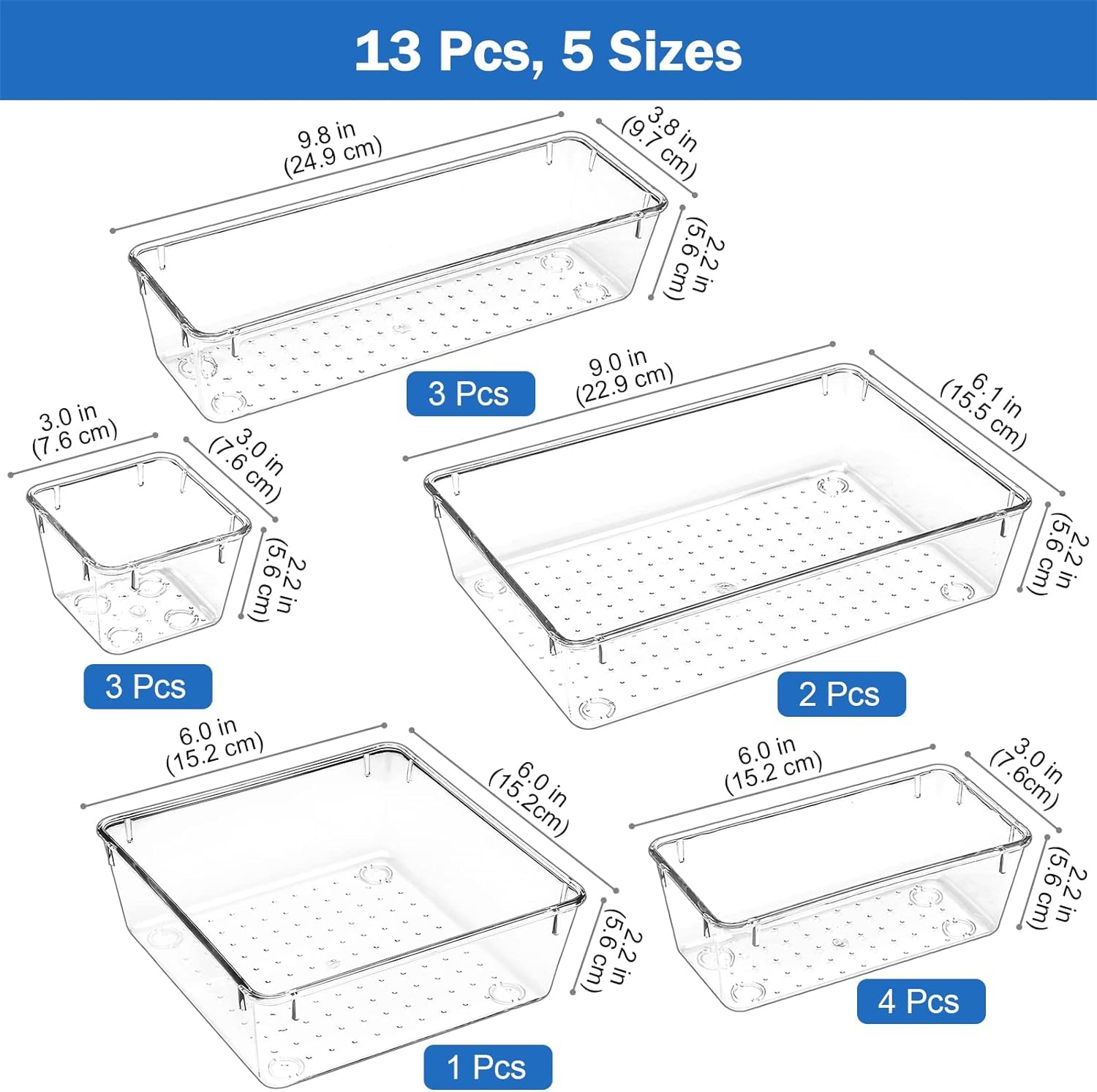 Zollyss Bathroom Drawer Tray Dividers Plastic Vanity Organizers Storage Bins for Makeup Dresser Tray, Clear (13 Pcs)