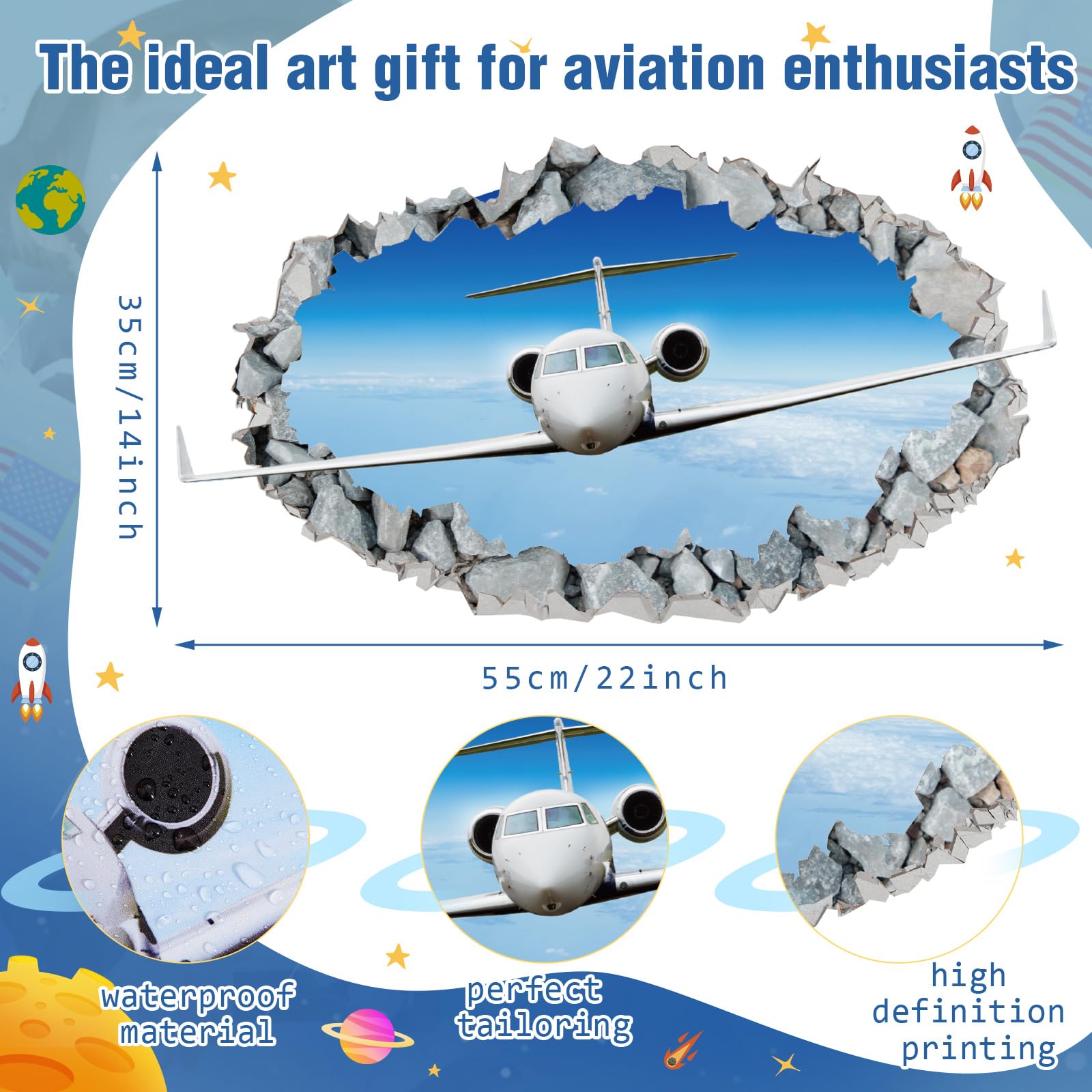 Drydiet Jet Airplane Wall Decal 3D Smashed Plane Sticker Bedroom Decor Room Mural Removable Wall Art Aviation Theme Gift for Avi
