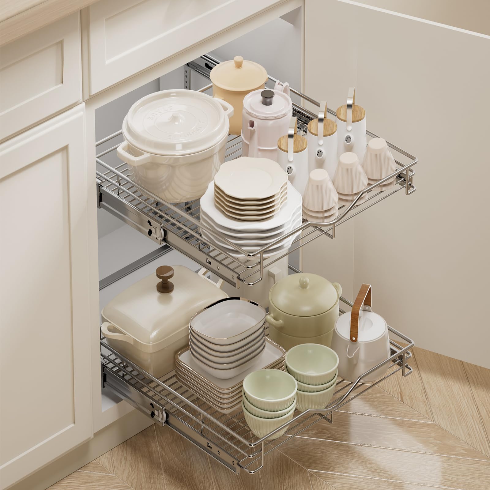 Dindon Pull Out Cabinet Organizer (14'' W X 21'' D), Cabinet Pull Out Shelves, 2 Tier Pull Out Drawers For Kitchen Cabinets, Wir