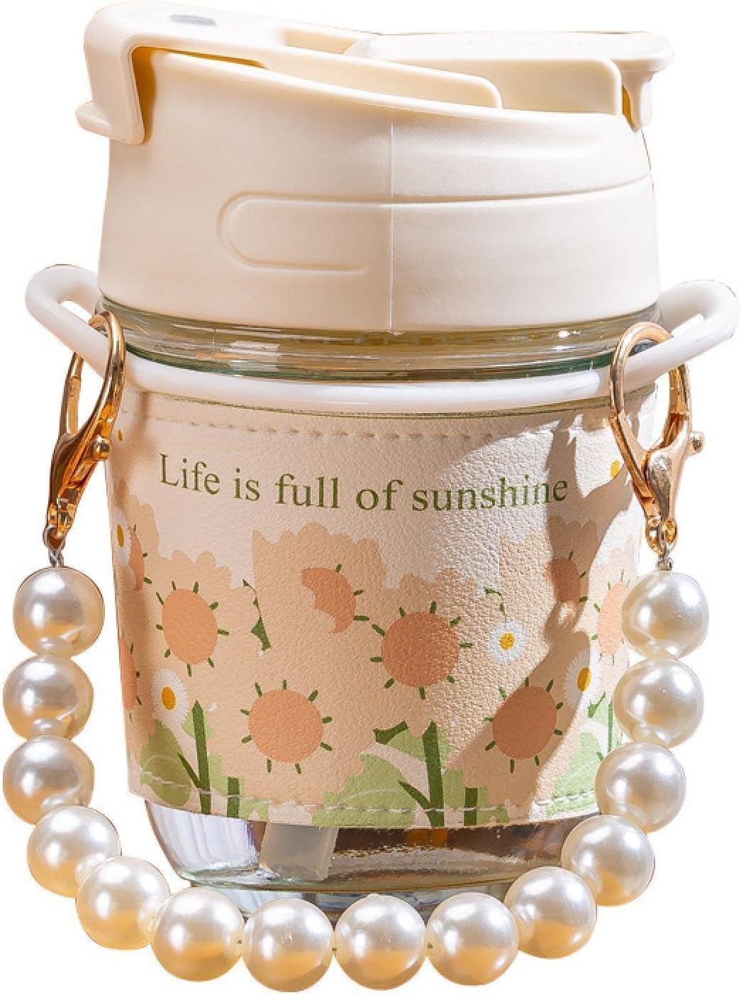 Aviara Glass Travel Sipper With Double Drink Straw And Lid,Reusable Coffee Mugs With Pearl Chain Belt & Sleeve,Kids Girls Tumble