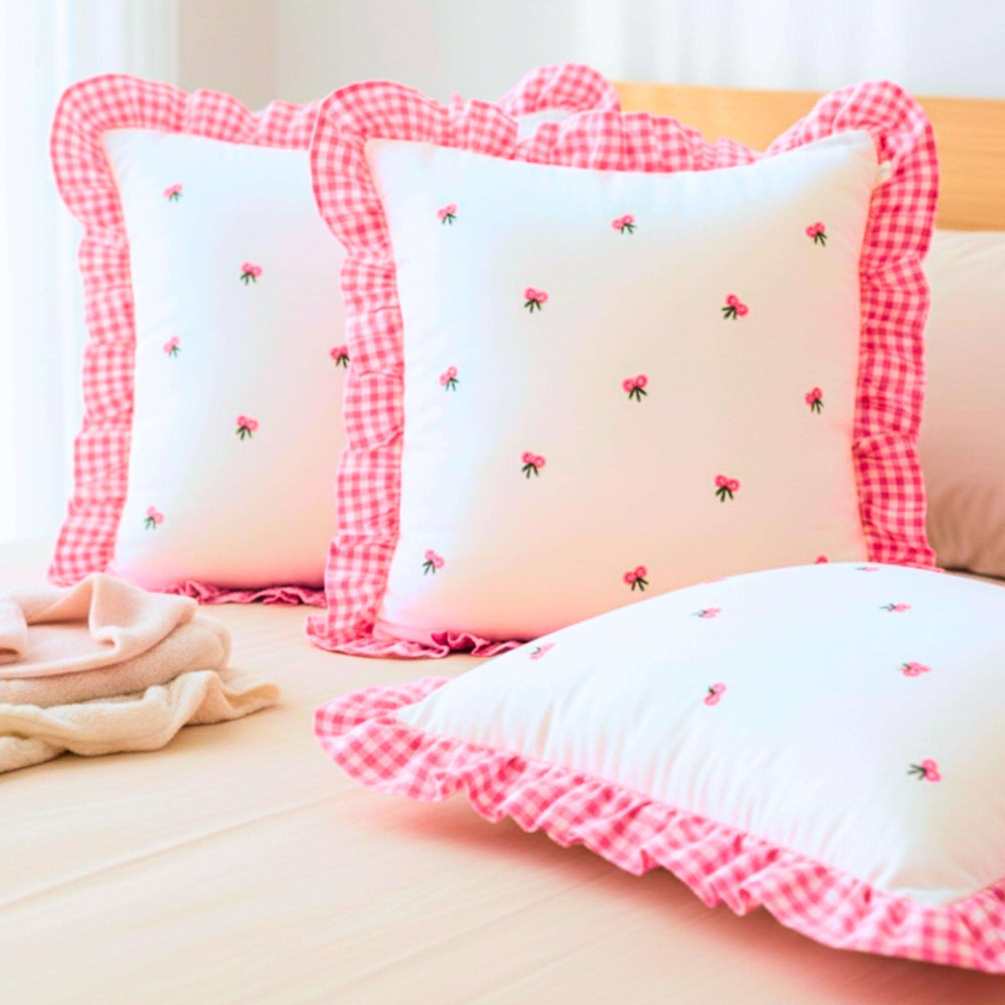 Sleepy Threads Cotton Cushion Cover Pink & White | Set Of 3 | Square Floral Embroidered With Ruffle Frill Edging Throw For Sofa,