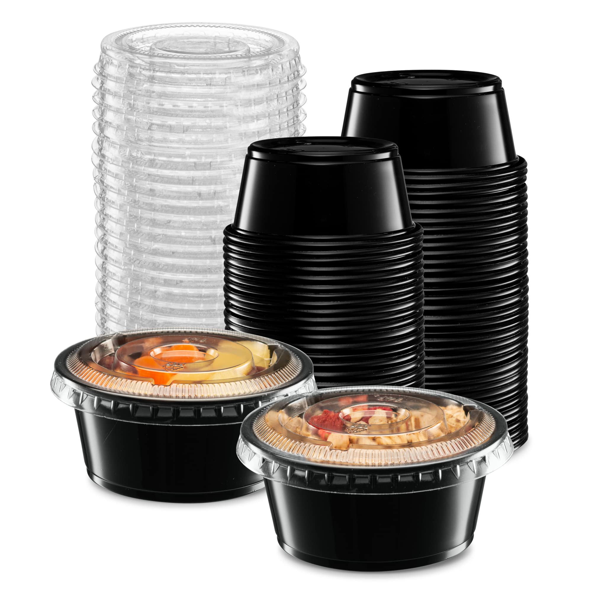 {3.25 oz - 100 Sets} Black Diposable Plastic Portion Cups With Lids, Small Mini Containers For Portion Controll, Jello Shots, Me