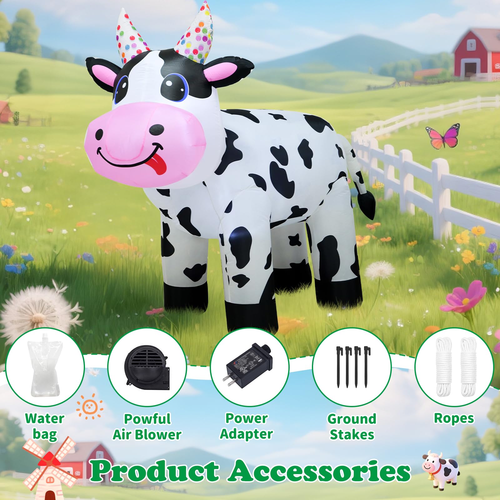 4FT Christmas Spring Farm Ranch Inflatable Cute Farm Cow Blow up Decoration with LED Light Outdoor Indoor Yard Graden Lawn Party