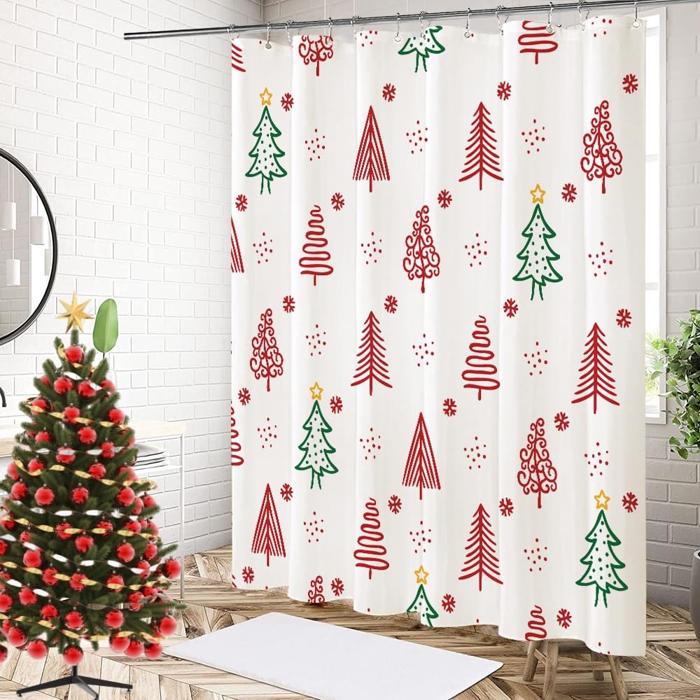 Christmas Shower Curtain Set, Merry Christmas Red Tree Shower Curtain, Xmas Pine Red And Green Shower Curtain For Bathroom Decor