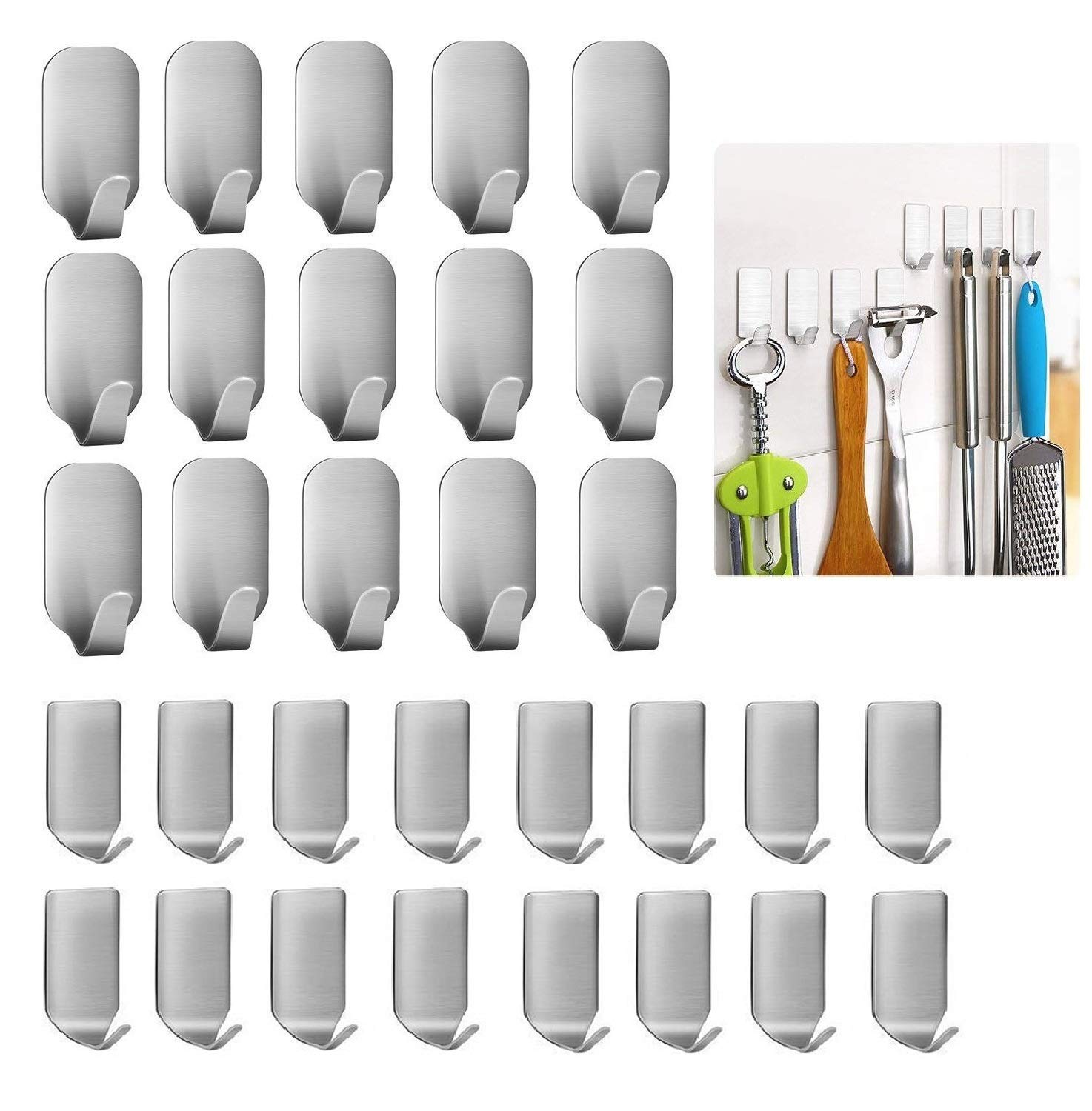 Newraturner Adhesive Hooks, 32-Pack Heavy Duty Wall Hooks Stainless Steel Waterproof Hangers for Kitchen, Bathroom, Bags, Towel,