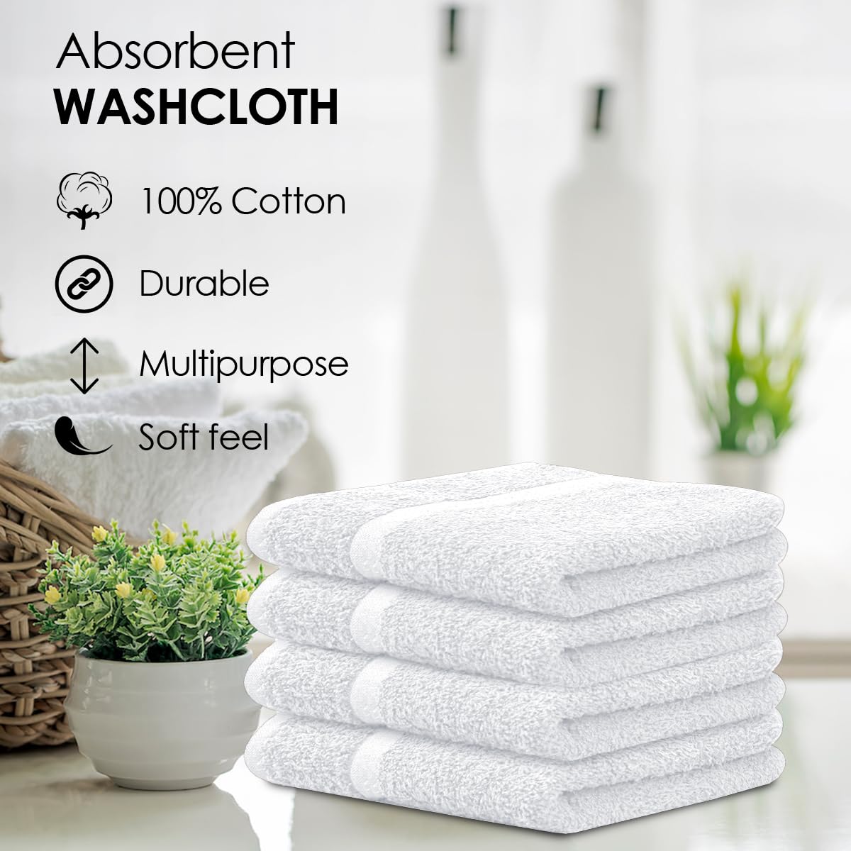 Avalon Towels Cotton Washcloths-(Value Pack of 36) Size 12x12 Inches  Premium Ring Spun Cotton  Absorbent  Soft Face Towels  Gym Towels  Hotel and Spa Quality  Reusable Fingertip Towels (White)