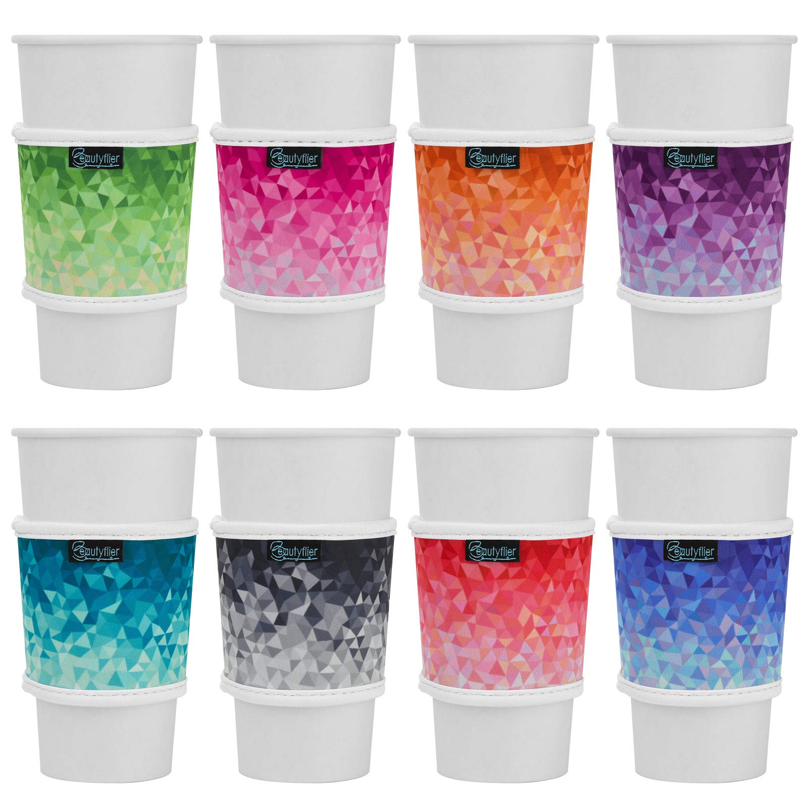 Beautyflier 8Pcs Anti-Slip Neoprene 2.5Mm Thick Collapsible Heat Resistant Coffee Cup Insulated Sleeve For Coffee/Tea/Cold Drink
