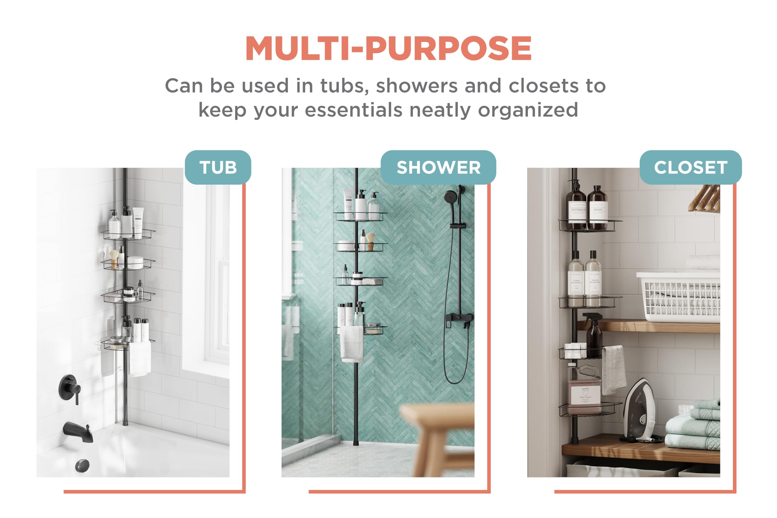 Zenna Home Tension Pole Shower Caddy With 4 Basket Shelves With Towel Bars, Matte Black, 60-97 Inch - Rust-Resistant Corner Show