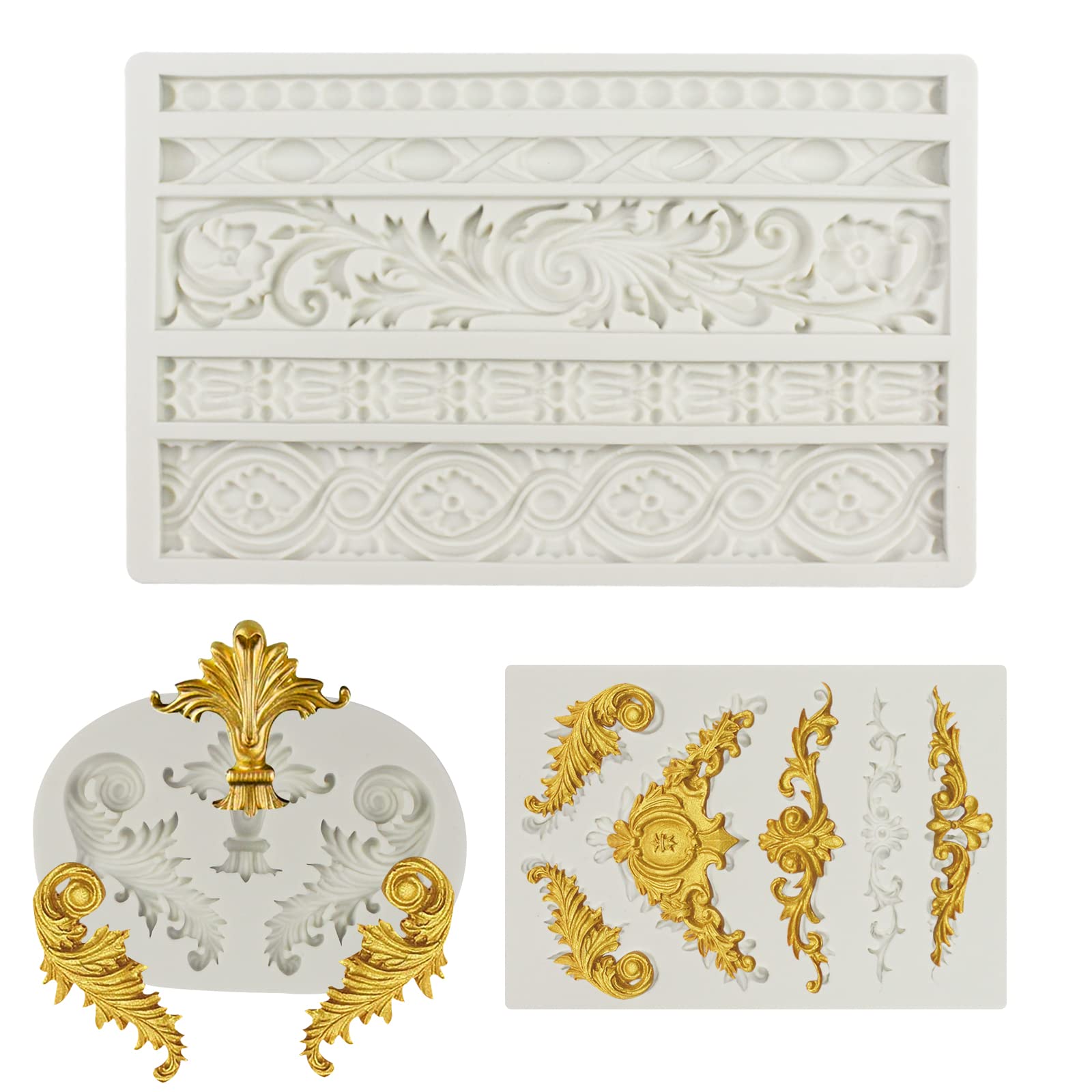 3 Packs Baroque Silicone Fondant Molds Scroll Border Lace Silicone Mold Baroque Silicone Fondant Chocolate Candy Mold For Cake D