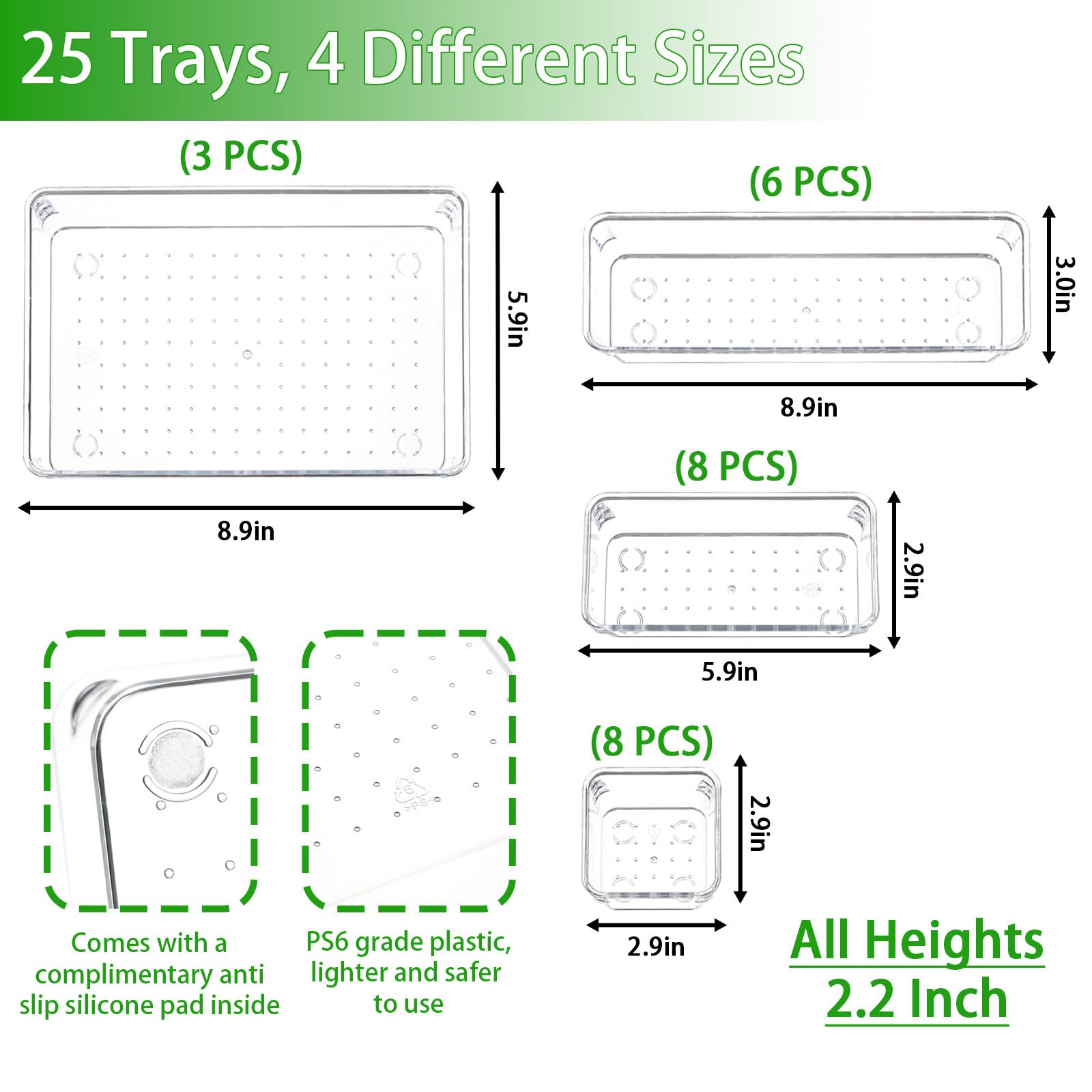 Yieach 25 Pcs Drawer Organizer Set,4 Sizes Clear Plastic Organization and Storage,Clear Kitchen Drawer Organizer and Vanity Orga
