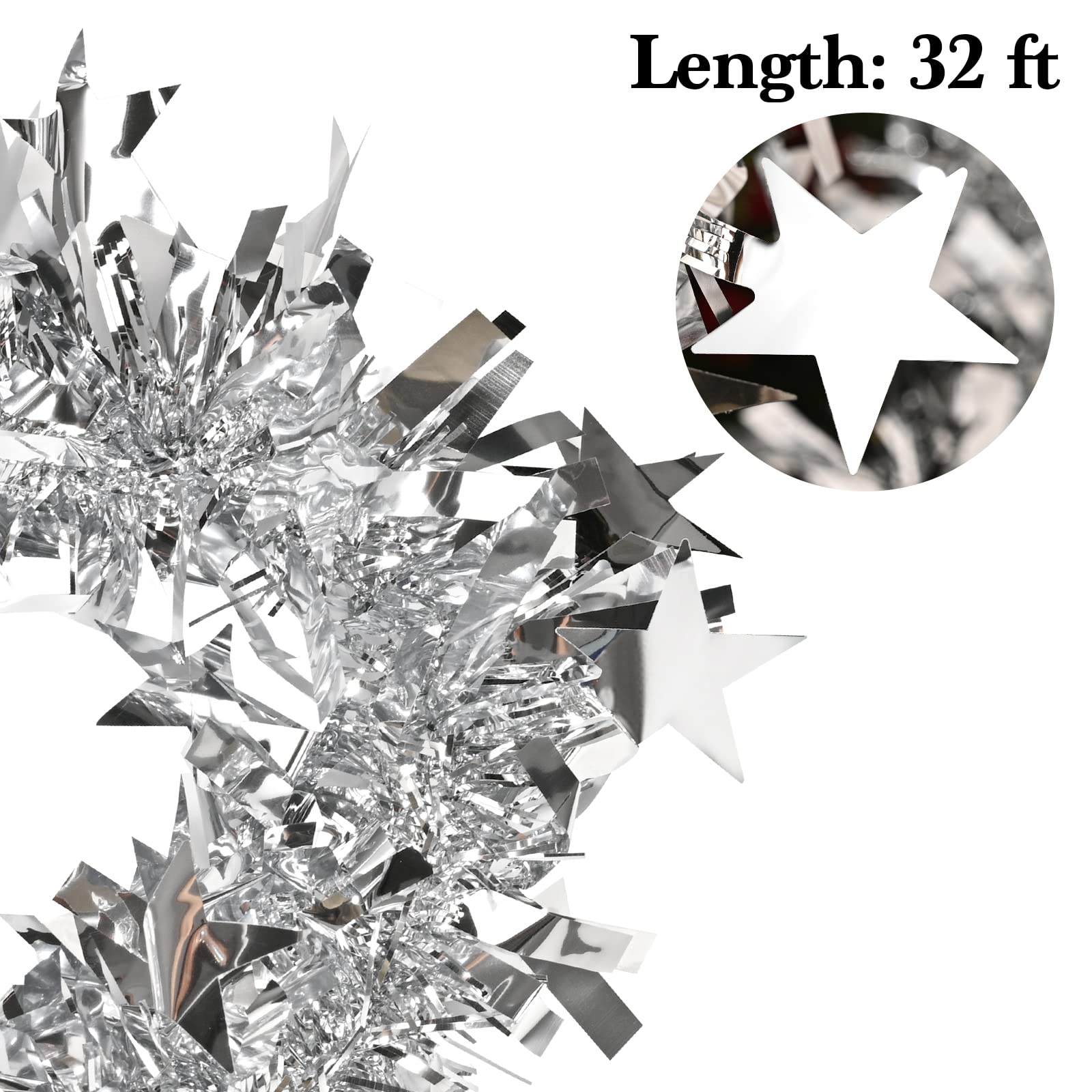 33ft Silver Christmas Tinsel Garland,Xmas Metallic Twisted Hanging Garland with Star for Chistmas Tree Fireplace Home Decoration