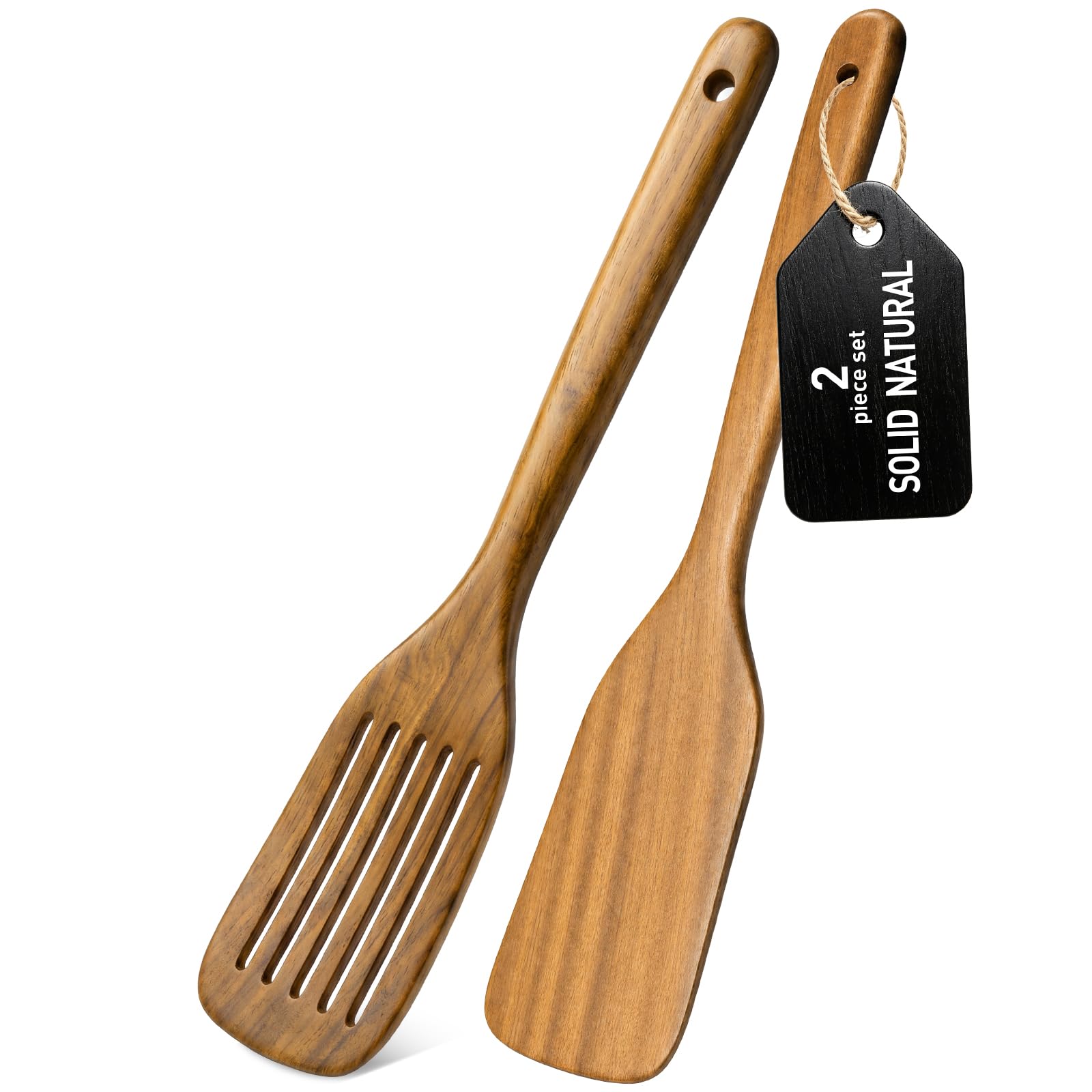 Wooden Spoons for Cooking, 2Piece Teak Wood Kitchen Utensil Set, Nonstick Safe Wooden Spatulas, Smooth HeatFriendly Cooking Ut