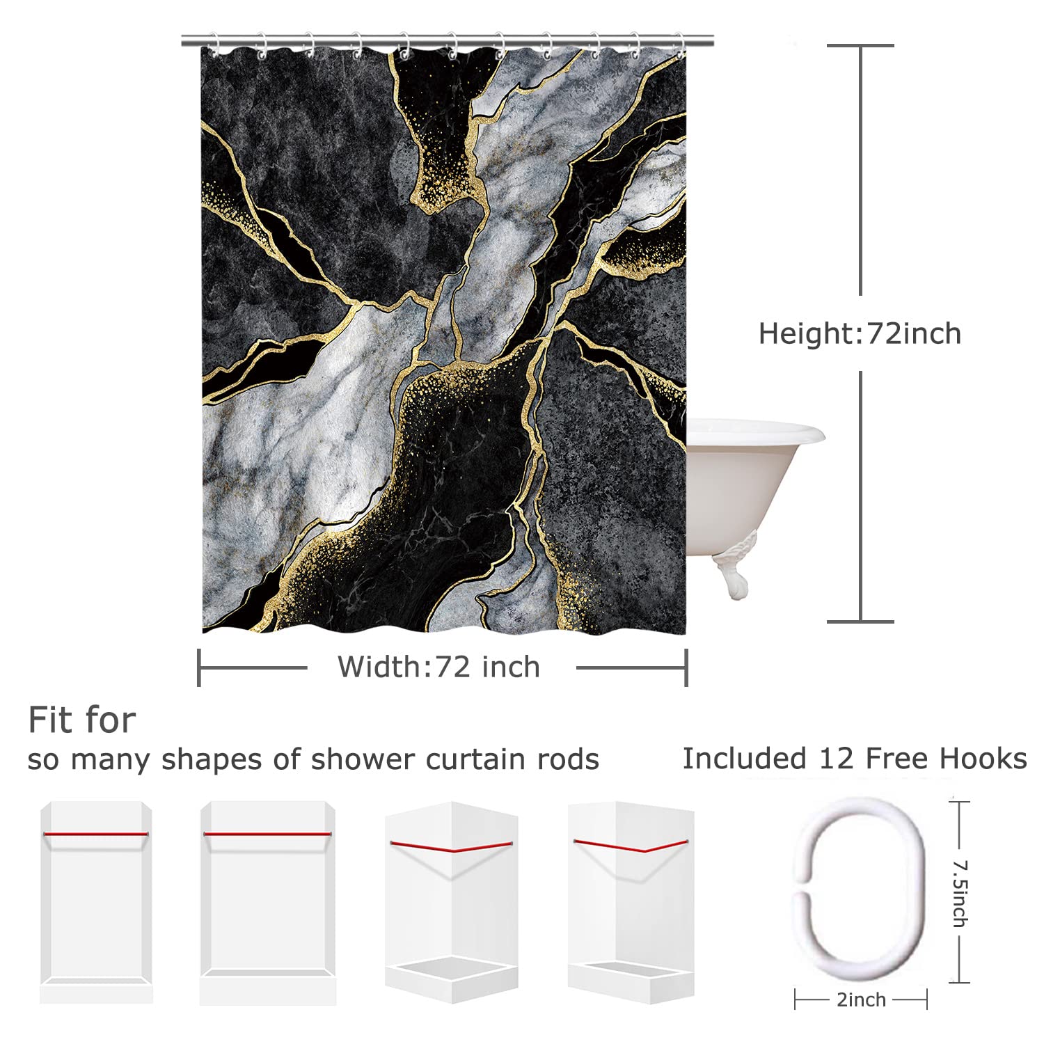 RosieLily Black Shower Curtain  Marble Shower Curtain  Abstract Shower Curtain  Black Marble Shower Curtains Set with 12 Hooks  Black Gray Gold Bathroom Decor  72Wx72H