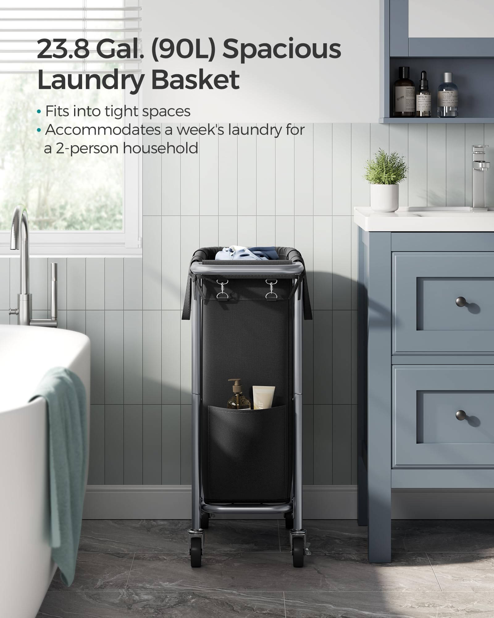 Songmics Laundry Basket With Wheels, Rolling Laundry Hamper, 23.8 Gallons (90L), Removable Liner, Steel Frame With Handle, Blank