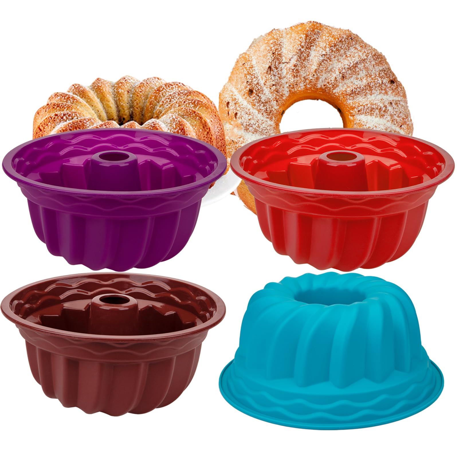 Nicunom 4 Pack 9 Inch Silicone Fluted Tube Pans, Non-Stick Baking Molds Silicone Round Baking Pans, Bpa Free Bakeware For Cake,