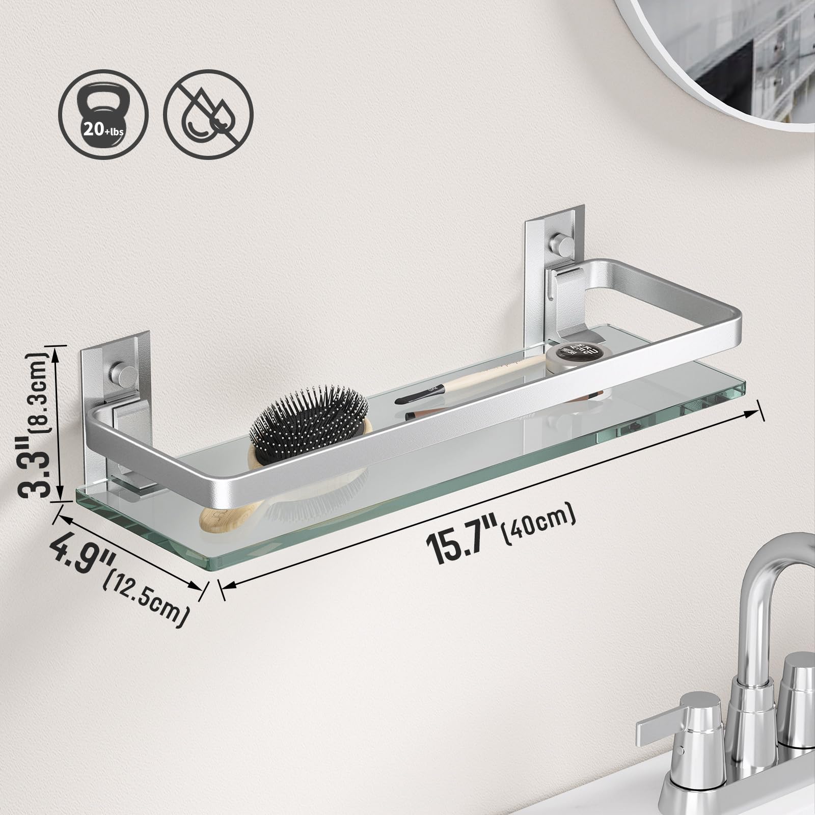 Danpoo Clear Tempered Glass Wall Shelf, Wall-Mounted Organizer For Bathroom, Kitchen(Matte Silver)