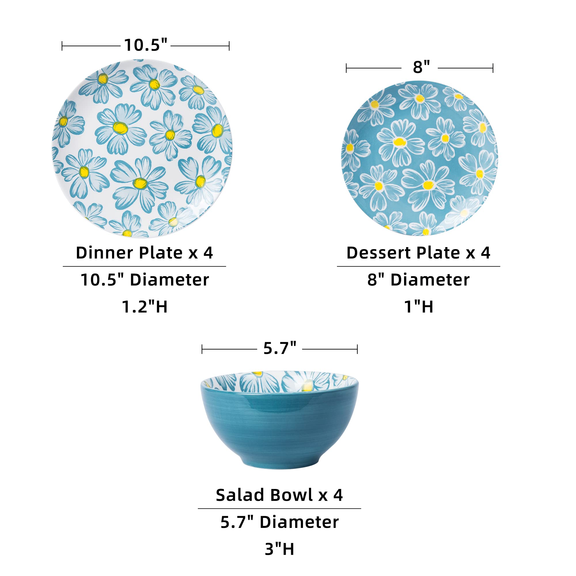 SAGOSKAT 12-pieces Dinnerware Set Ceramic Dish Set Plates Sets Service for 4, Bowl Sets, Stoneware Dinnerware Sets, 12pcs Plate