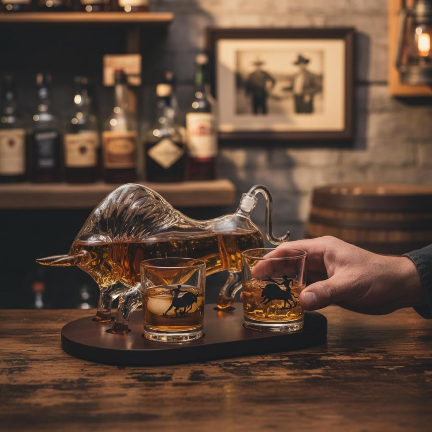 Western Cowboy & El Matador Bull Whiskey Decanter Set