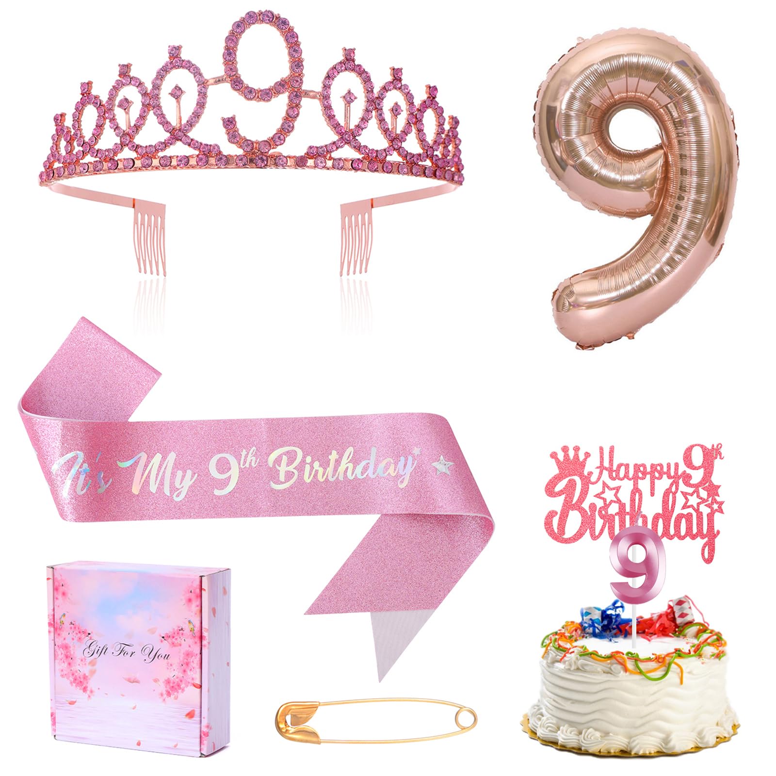 9Th Birthday Decoration For Girl,It'S My 9Th Birthday Sash Rhinestone Crown Happy Birthday Cake Topper Foil Balloon For Girls Bi