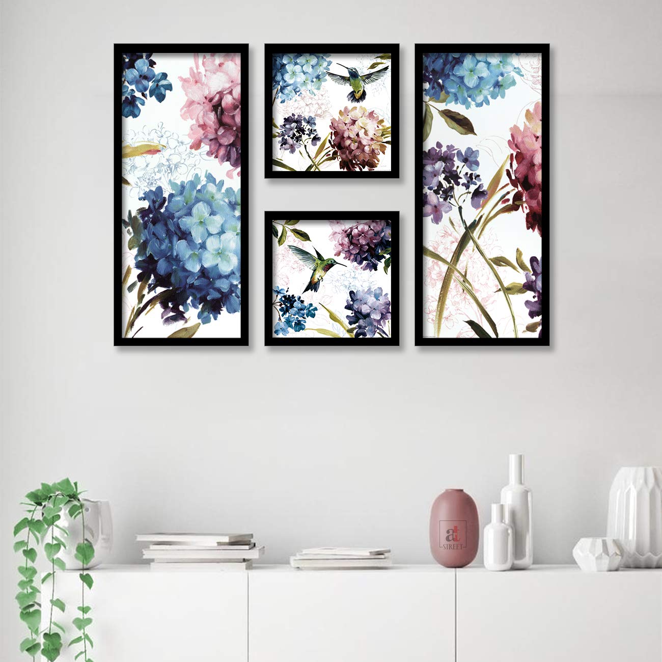 Painting Mantra Floral And Bird Framed Painting For Living Room Decoration, Black Frame (22X 47 Cm, 9X9 Inch) - Set Of 4