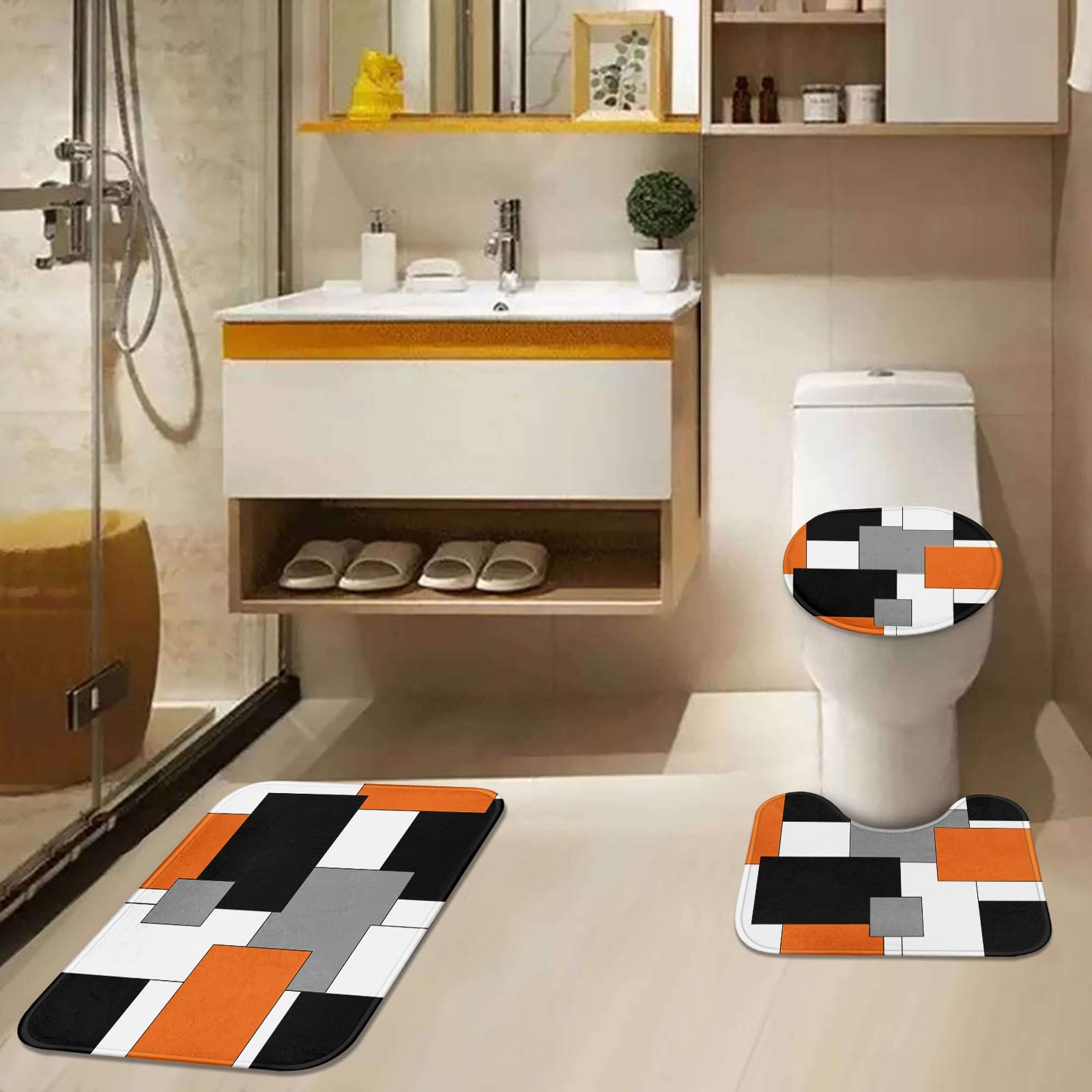 Tayney Orange Geometric Shower Curtain Set With Toilet Lid Cover And Non-Slip Rugs For Bathroom, Black White Grey Checkered 4 Pc