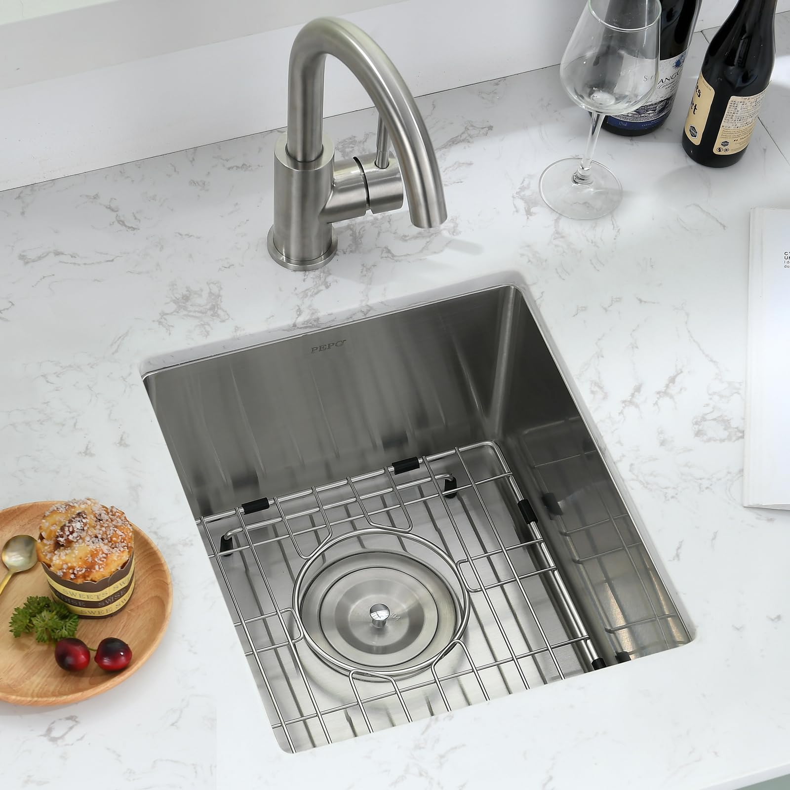Bar Sink - Pepo 13 X 15 Inch Undermount Kitchen Sink, 16 Gauge Stainless Steel Single Bowl Small Kitchen Sinks, High-End Handmad