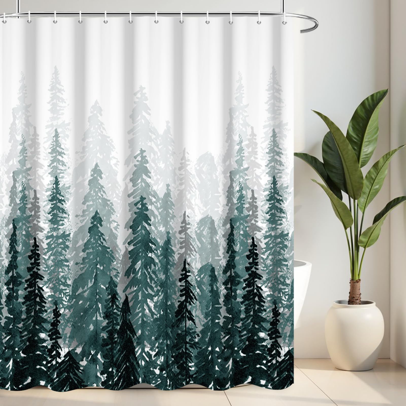 Dark Green Misty Forest Shower Curtains For Bathroom,Waterproof Fabric Bathroom Curtains Washable Nature Pine Tree Fog Shower Cu