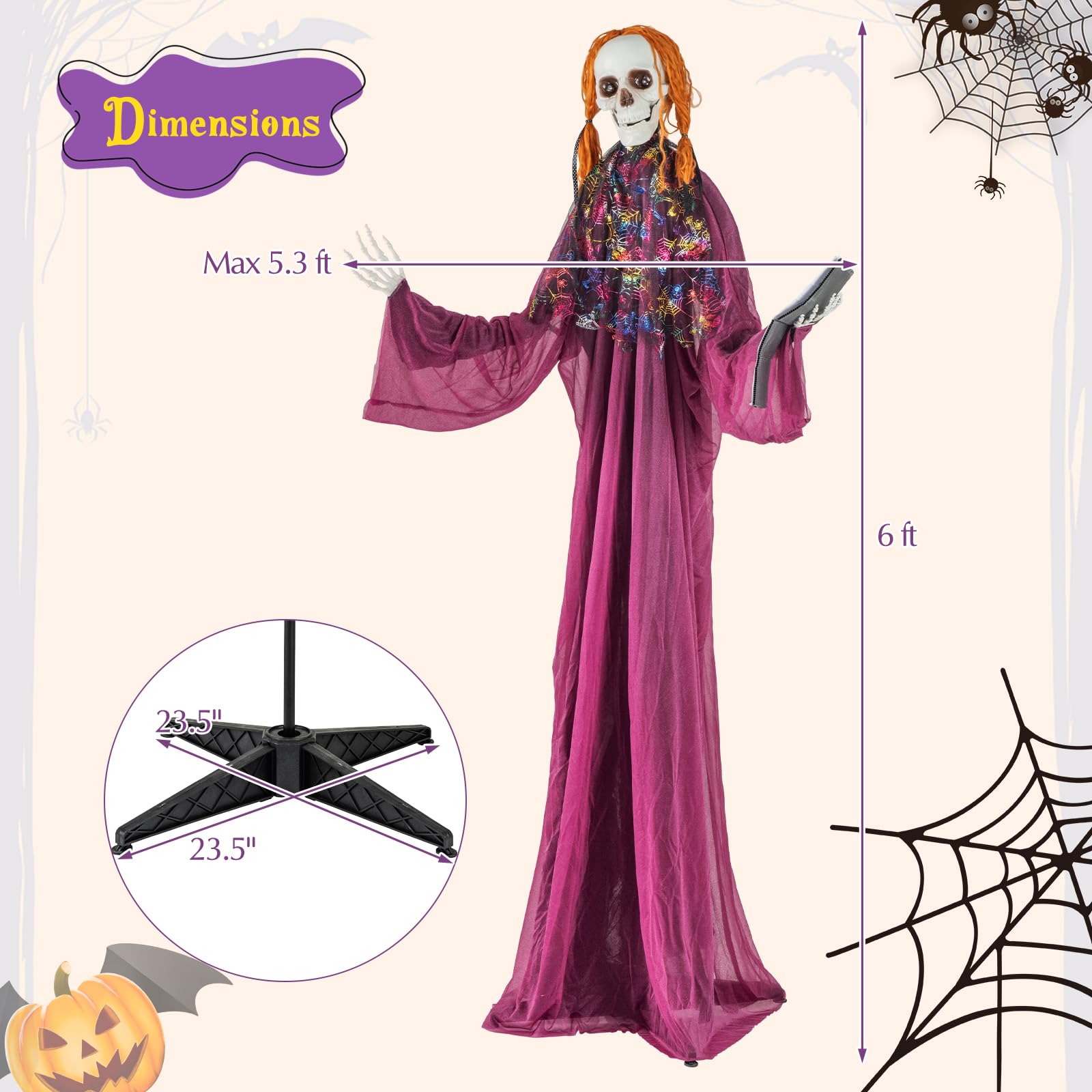 Tangkula 6 FT Halloween Animatronic Skeleton Girl with Book, Scary Animated Prop with Howling Sounds, Red Flashing Eyes & Poseab