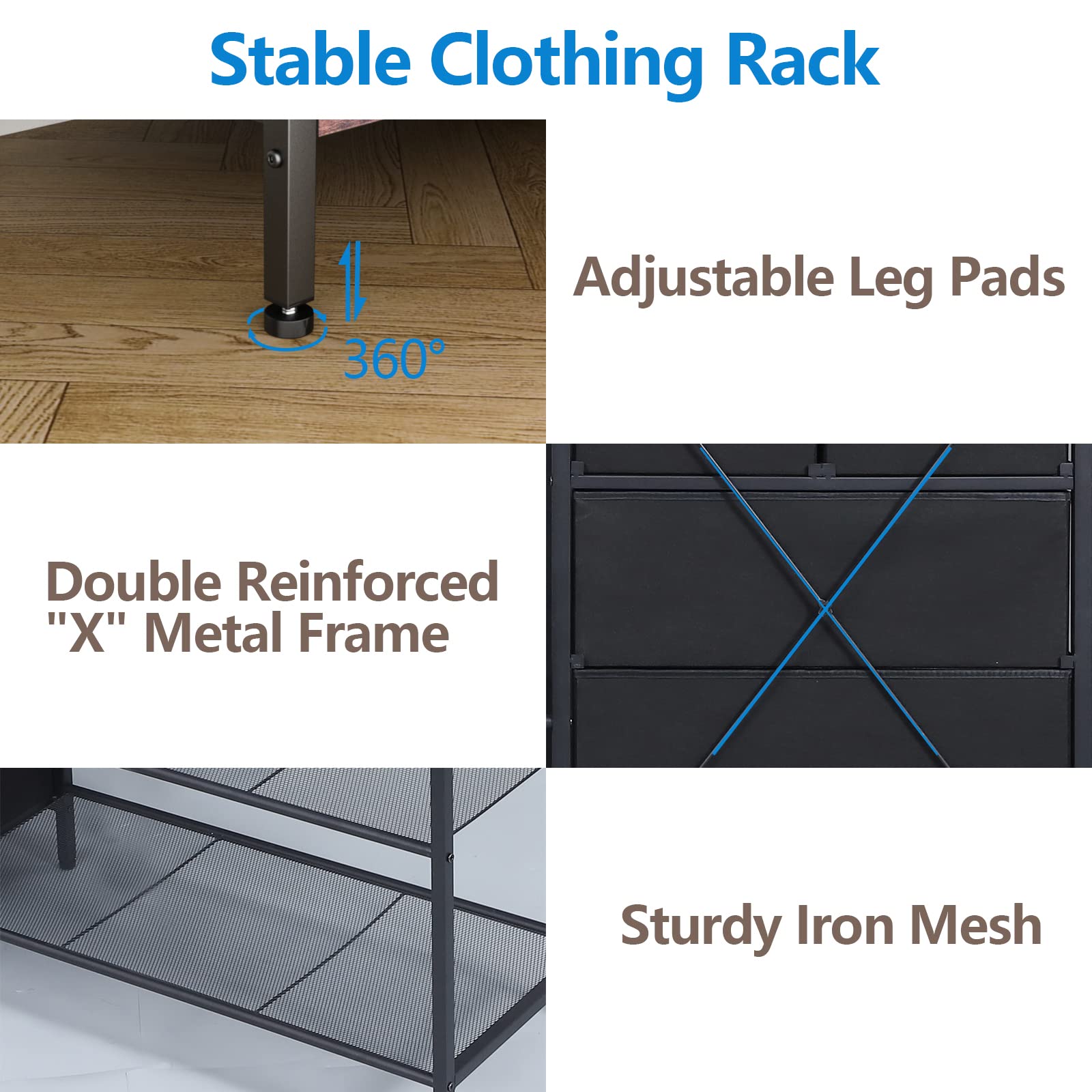 Auromie Heavy Duty Clothes Rack With 5 Drawers & 4 Storage Shelves, 70.9Hx59.1W Clothing Rack With 2 Hanging Rods, Wardrobe Clos