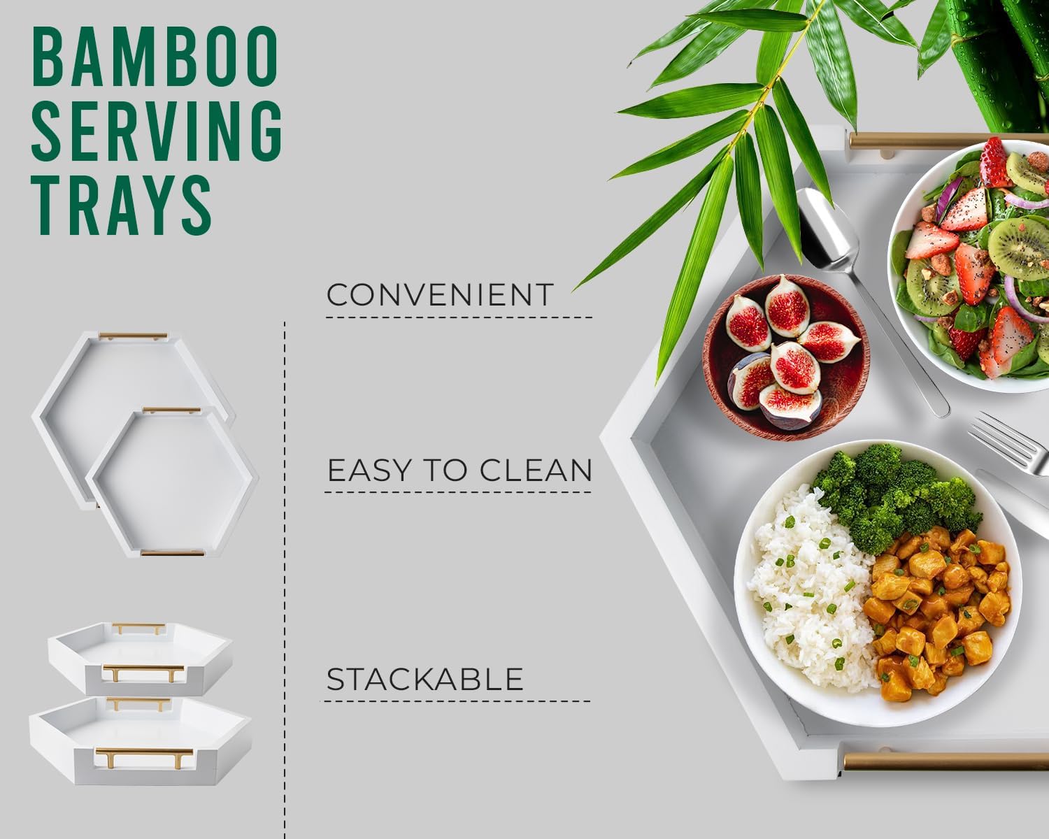 Honeycomb Wooden Serving Trays With Golden Handles - Set Of 2 Hexagon Nesting Trays - Large And Small Wood Trays For Food, Ottom