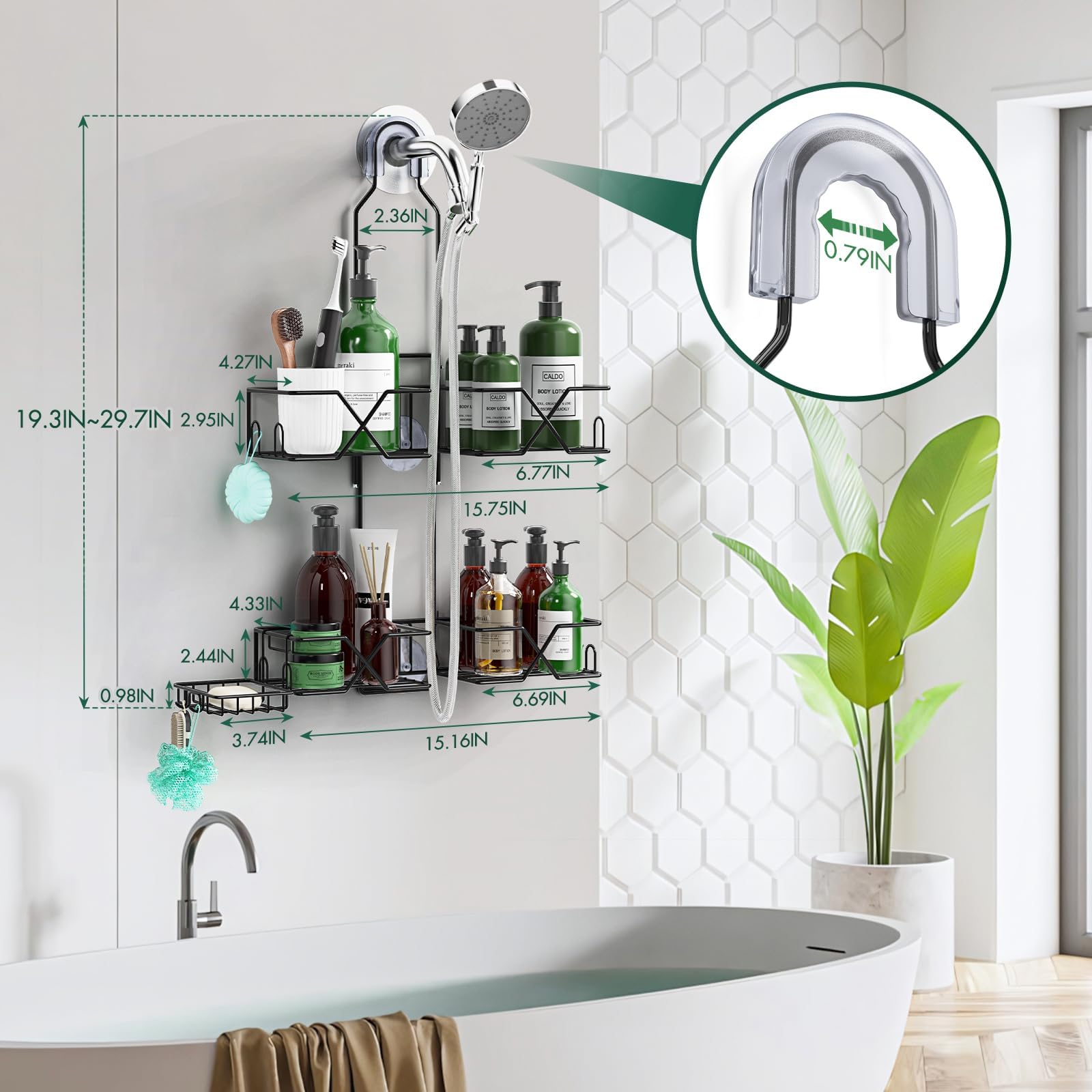 Sewulidon Hanging Shower Caddy - Adjustable Height, 2 Tiers, Iron, Black, Model SEWU0001NYL - Perfect Organizer for Handheld Shower Heads