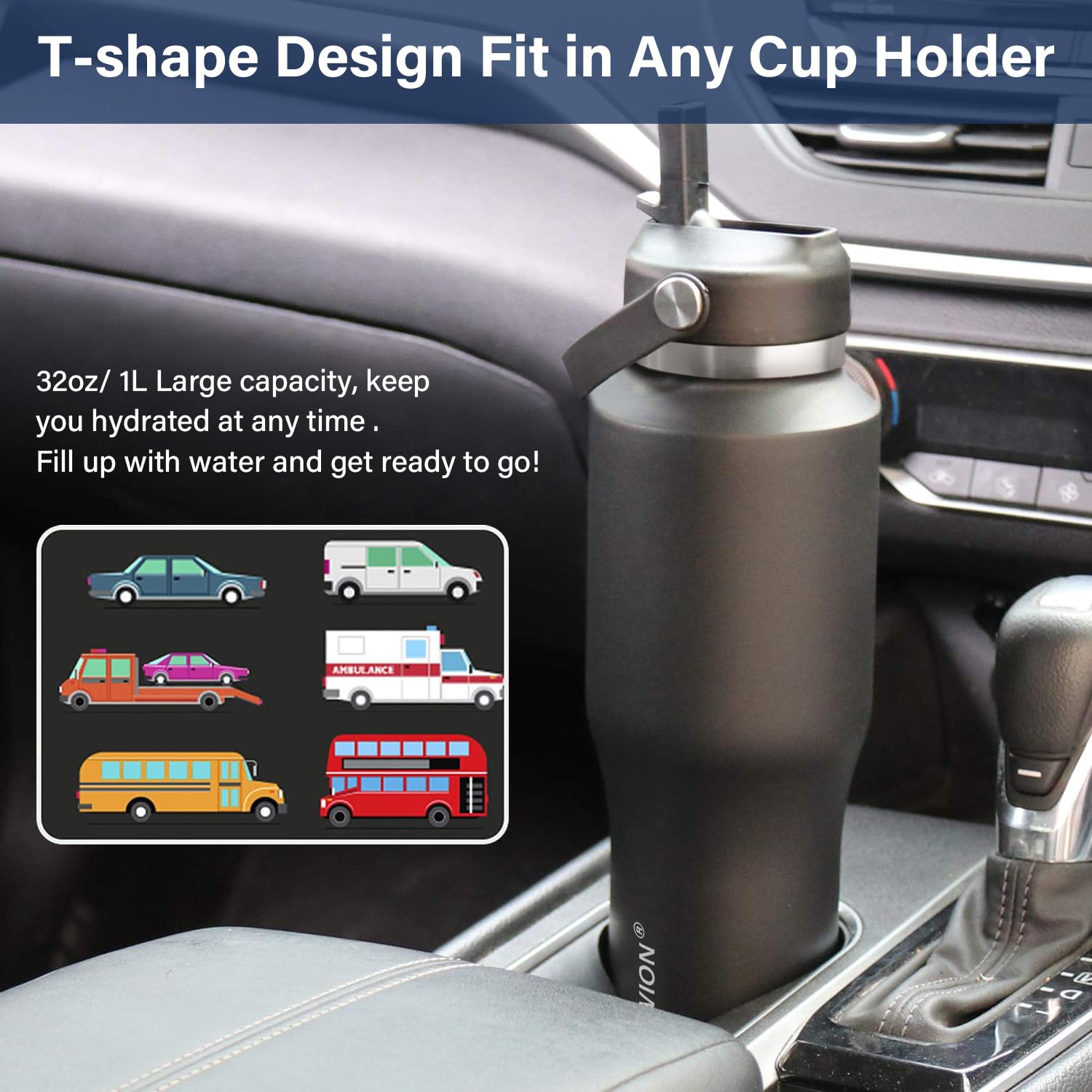 Hydrowion Water Bottles With Straw, 40Oz Insulated Water Bottle Fit In Car Cup Holder, Black Water Bottles With Straw Lid, Spout