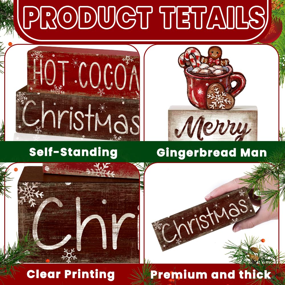 DIYDEC 4Pcs Christmas Wooden Tabletop Decoration Hot Cocoa Wooden Block Signs Gift Rustic Xmas Tiered Tray Decor Merry Christmas