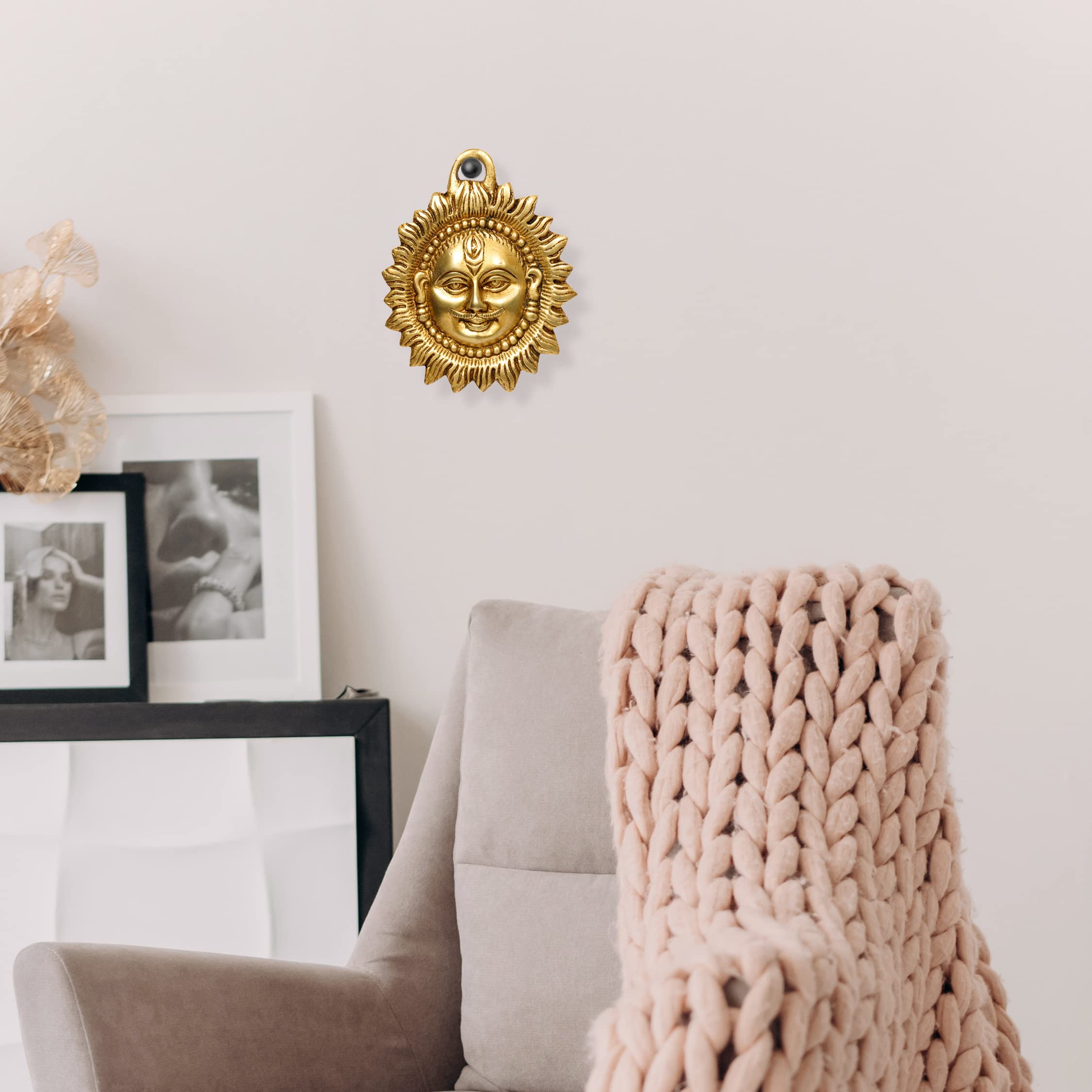 RACPREE Brass Metal Idol of Sun Face Wall Hanging for Positivity at Home & Office Yellow Size-4