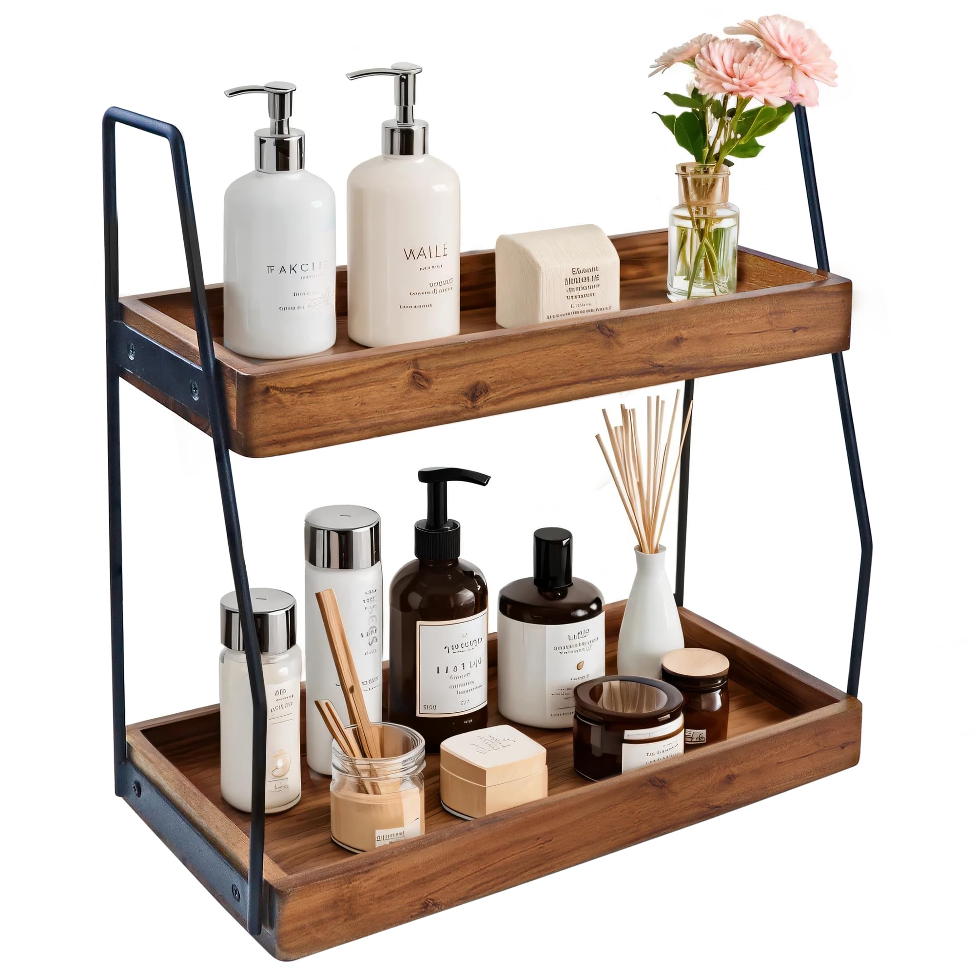 Acacia Bathroom Organizer Countertop 13.6 X 14 X 6.7 Inches, 2-Tier Wood Counter Standing Rack, Countertop Storage Shelf For Org