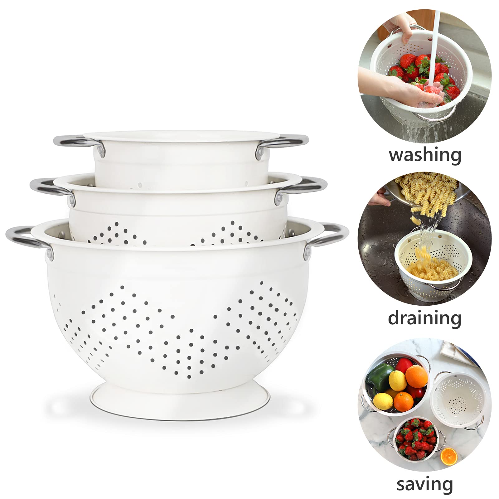 Hillbond Colander Set Of 3, 1.5, 3, 5 Qt Powder Coated Metal Strainers With Riveted Stainless Steel Handles And Stable Base, Str