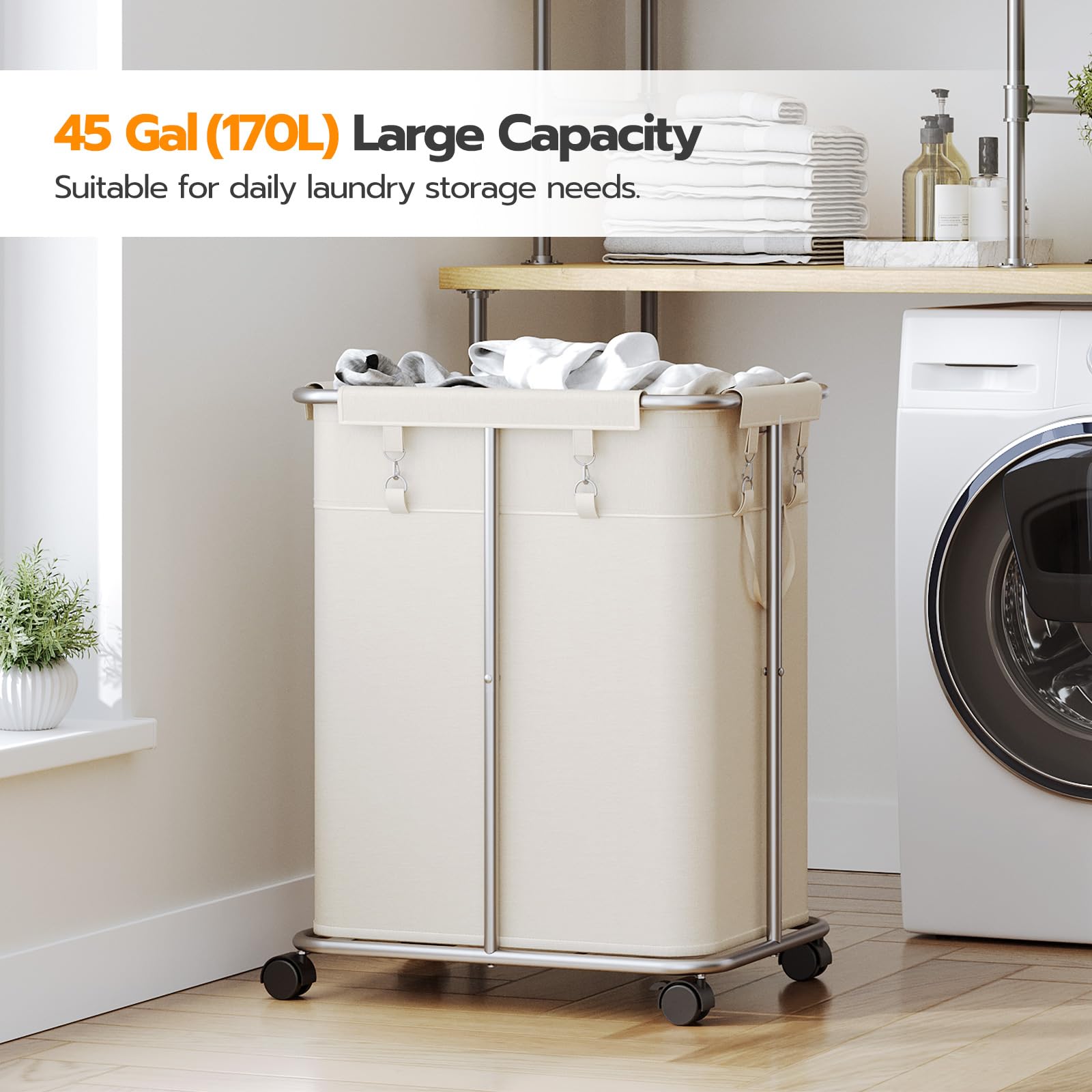 Hoobro Laundry Basket With Wheels, 45 Gallons (170L) Rolling Laundry Hamper, Narrow Slim Laundry Sorter With Removable Oxford Fa