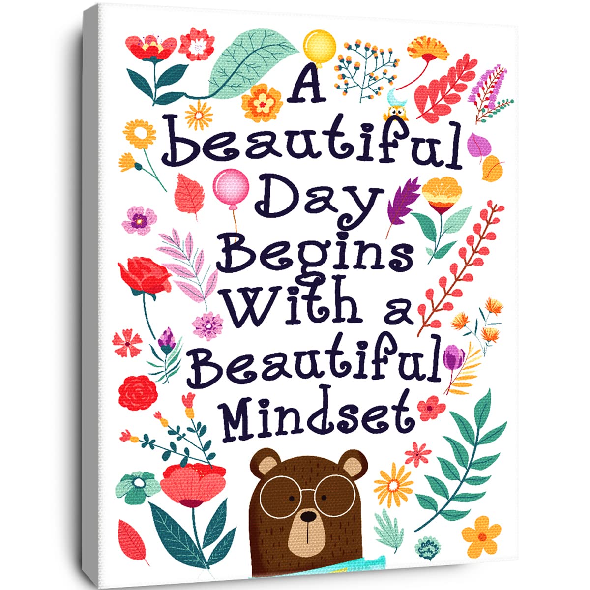 Otingqd A Beautiful Day Begins With A Beautiful Mindset Wall Art,Inspirational Wall Decor For Teen Girls,Colorful Flowers Bear M