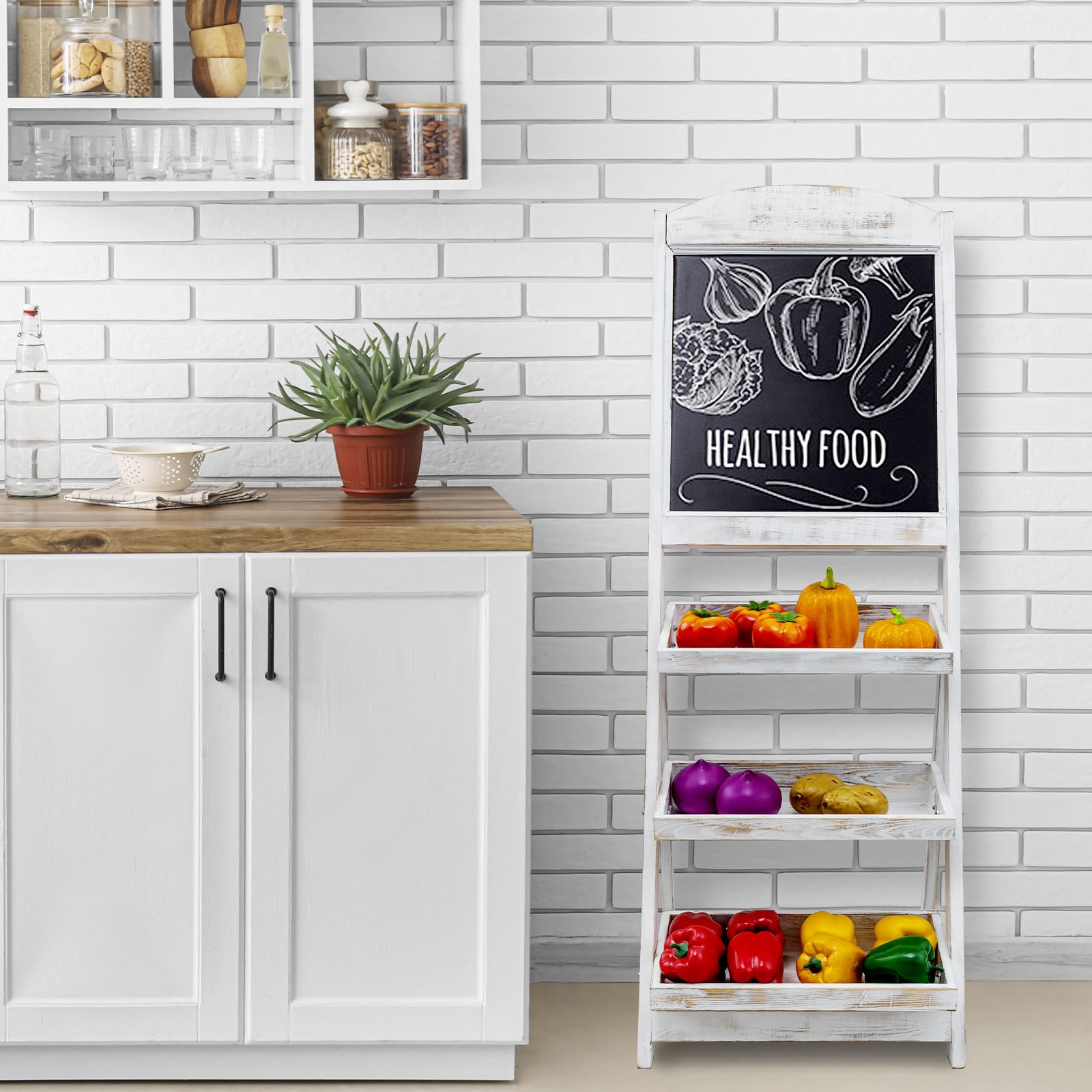 MyGift Shabby Whitewashed Wood Freestanding Chalkboard Easel with 3-Tiered Display Shelves, Decorative Chalkboard Plant Shelf St