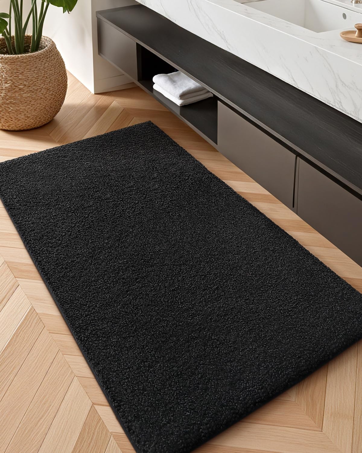 Color G Black Bathroom Rugs - Absorbent  Non Slip  Soft  Washable  Quick Dry  24''x43'' Long Black Bath Mat Bathroom Runner Bathroom Carpet